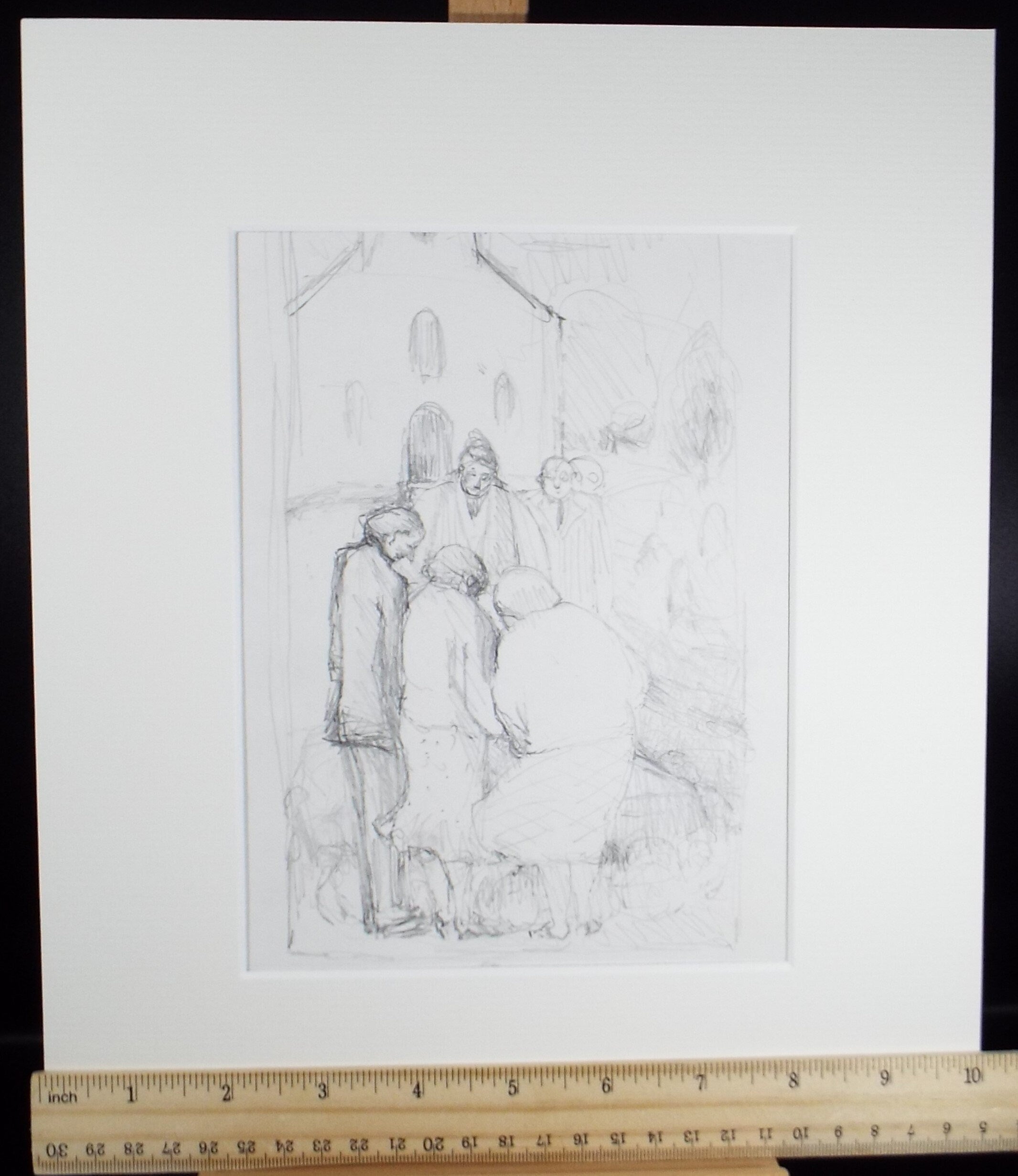 Original Pencil Drawing,'Figures outside a Church', circa 1990, Mariota Bosanquet (1923-2022)