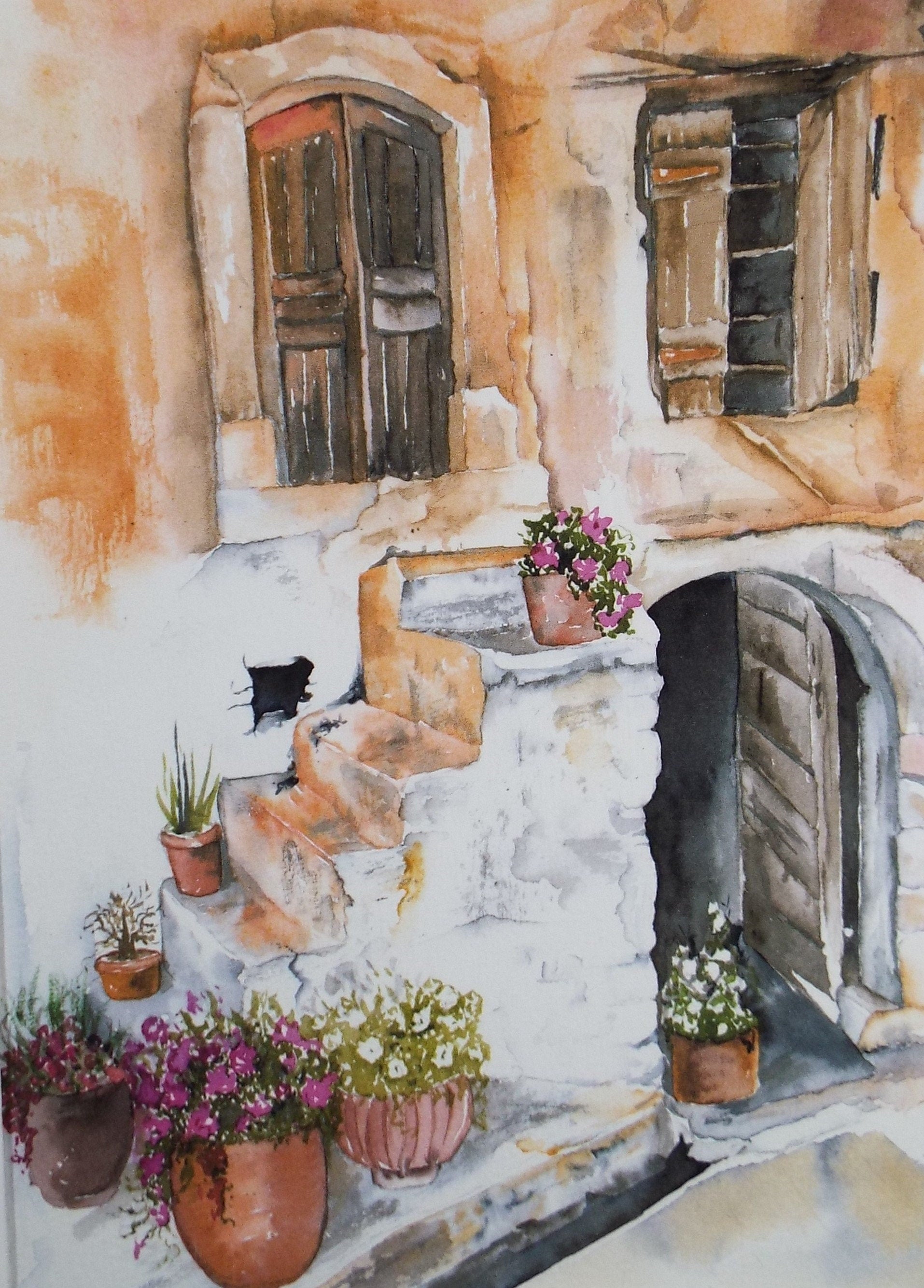 Original Watercolour on Paper, 'Village house with pots', dated 2002, signed Blanche