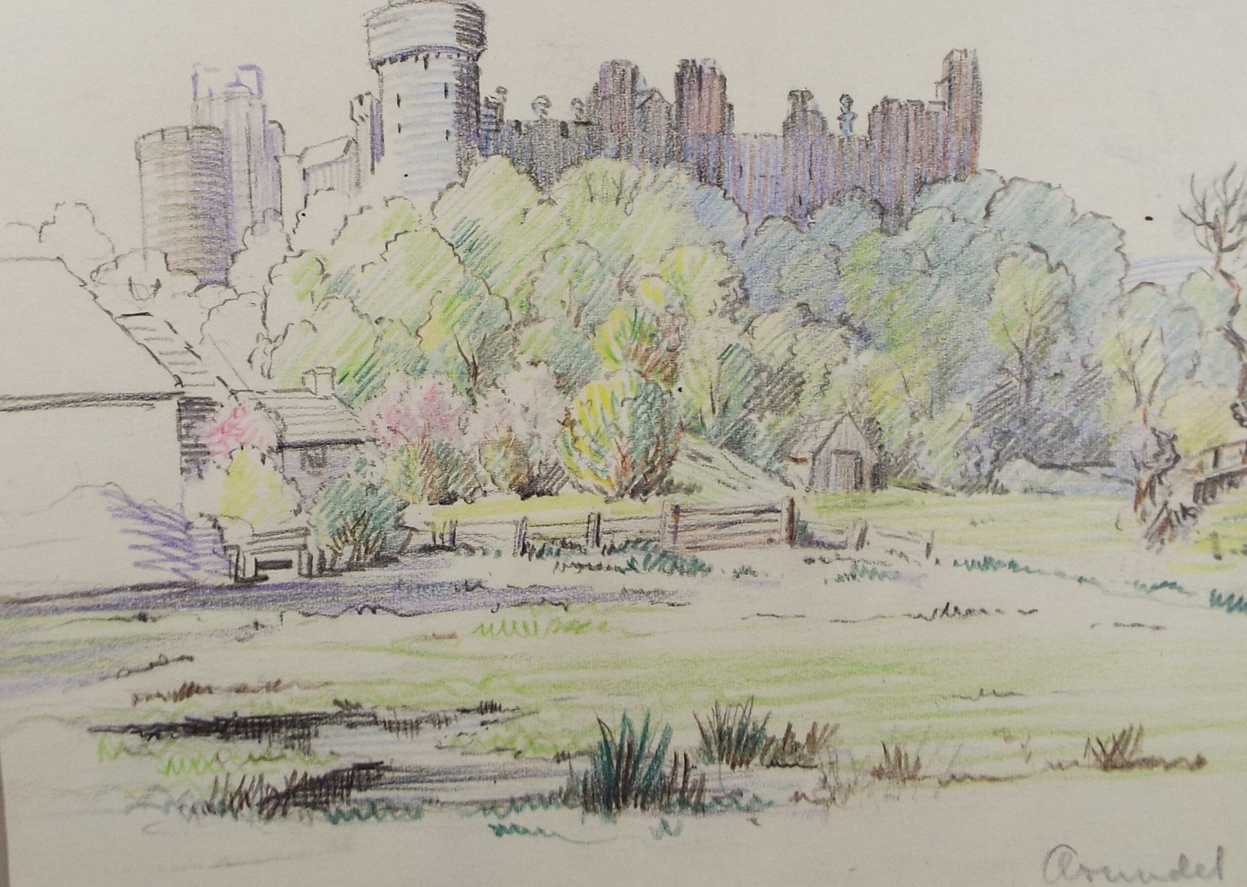 Original coloured Pencil, 'Arundel Castle', circa 1940's, Hilda Burford (1887-1957)