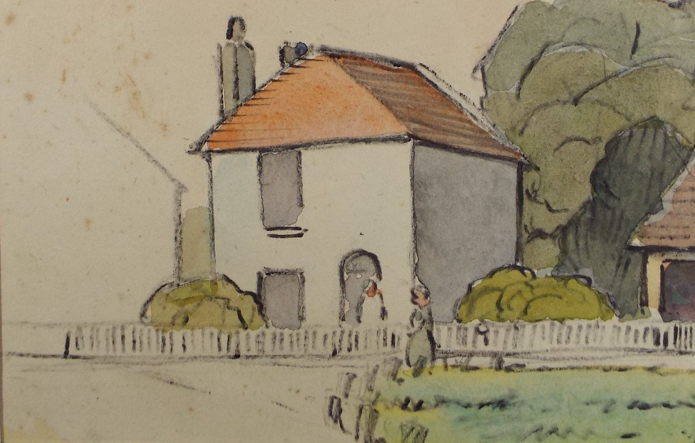 Original Watercolour, 'House with figures & picket Fence', Hilda Burford (1887-1957)