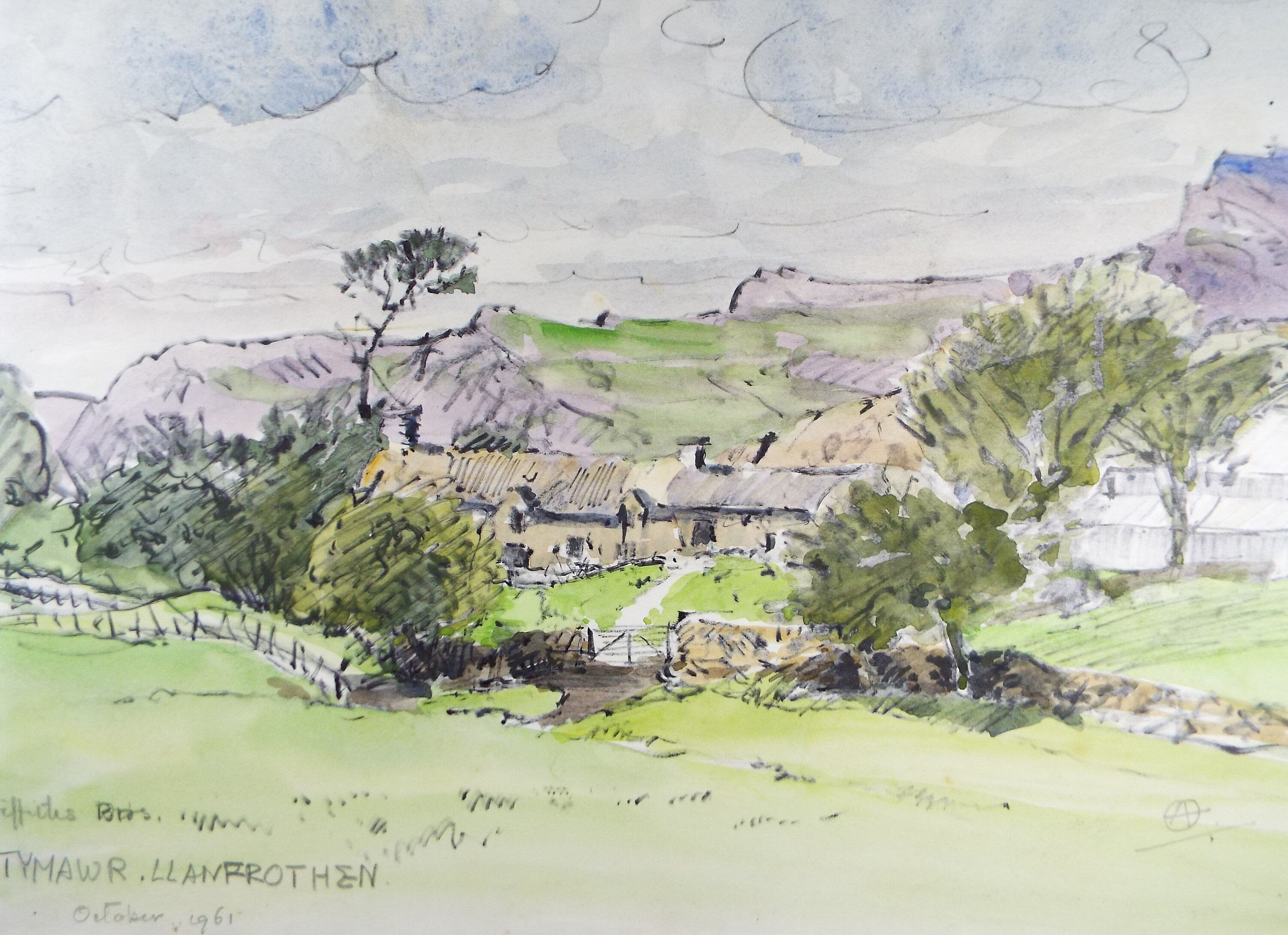 Original Watercolour & Charcoal , 'Farm Buildings - Tymawr Llanfrothen', Dated 1961, Artist Unknown