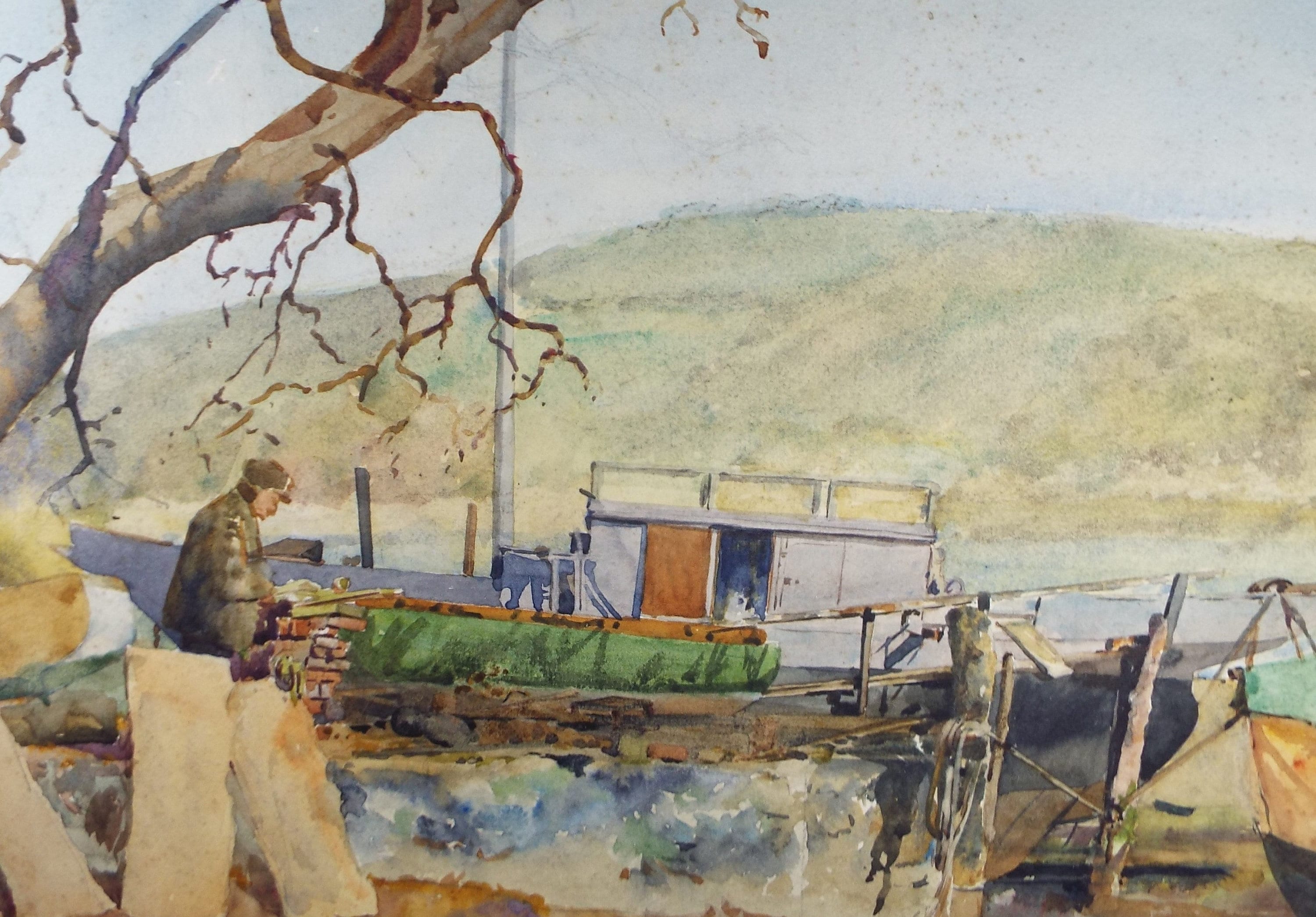 Original Watercolour 'Landing Stage with Figure' dated 1929, Hilda Burford (1887-1957)