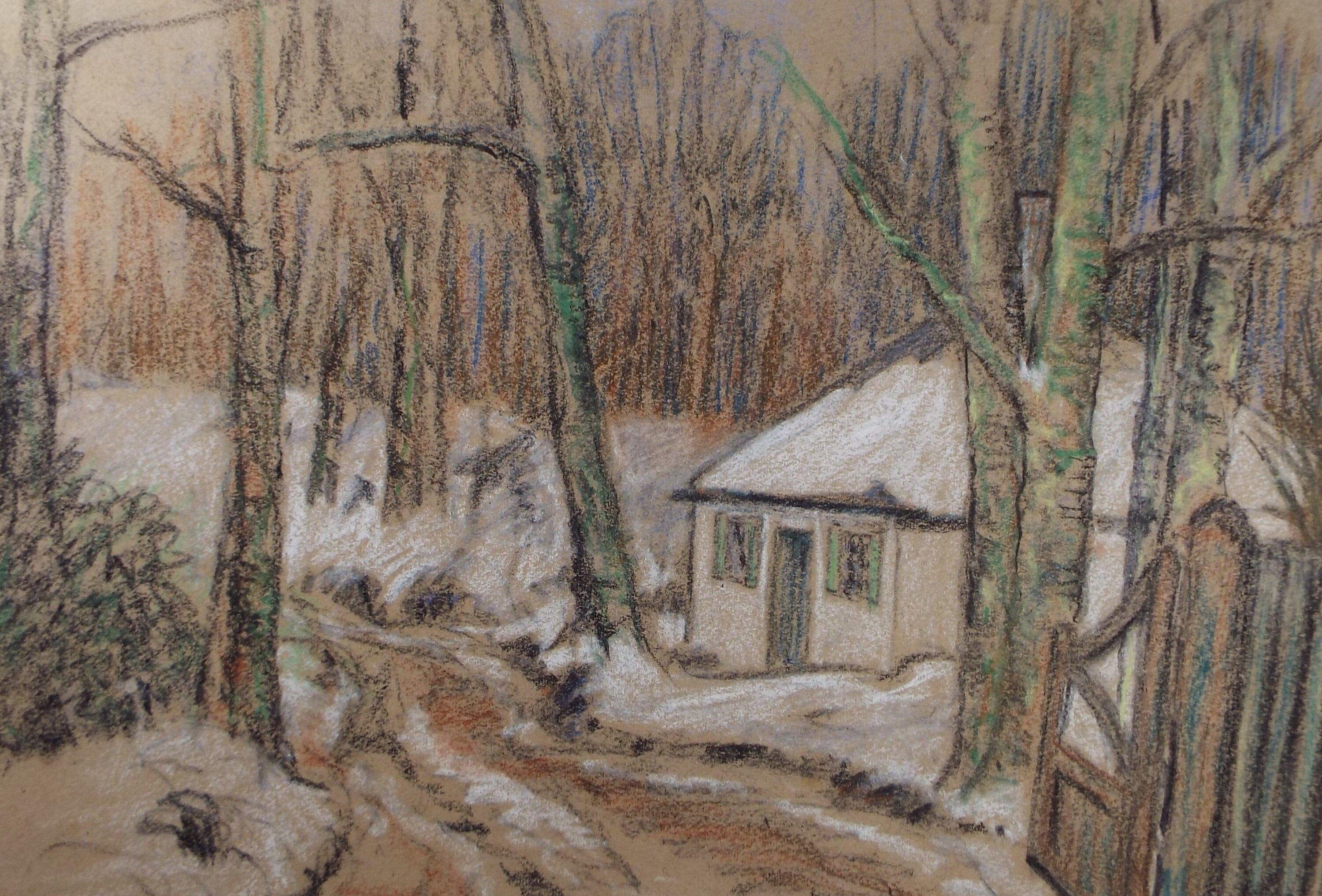 Original Pastel on Paper, 'Cottage in the Woods', circa 1940's, Hilda Burford (1887-1957)