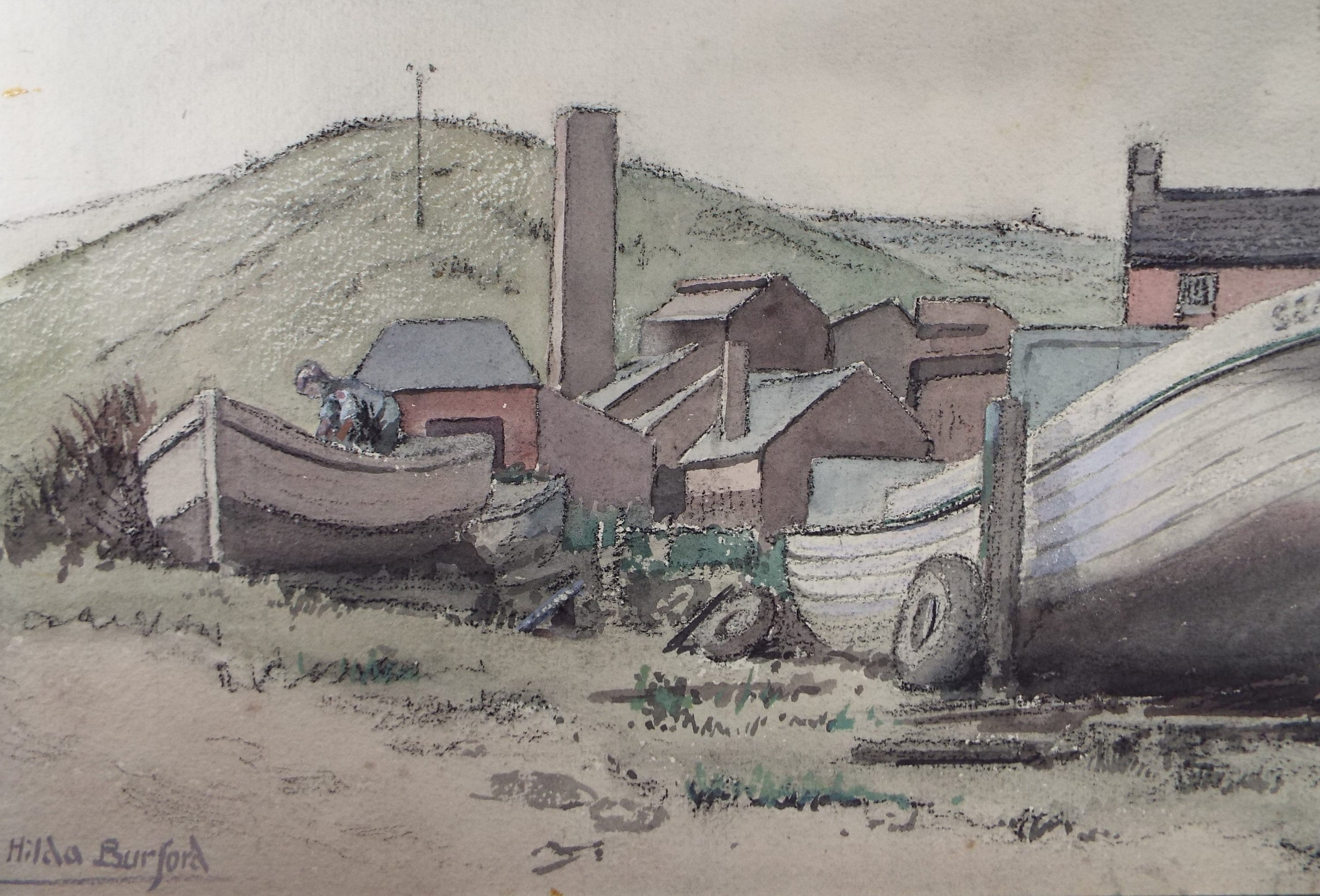 Original Watercolour & Charcoal 'The Boat Yard', circa 1940's, Hilda Burford (1887-1957)