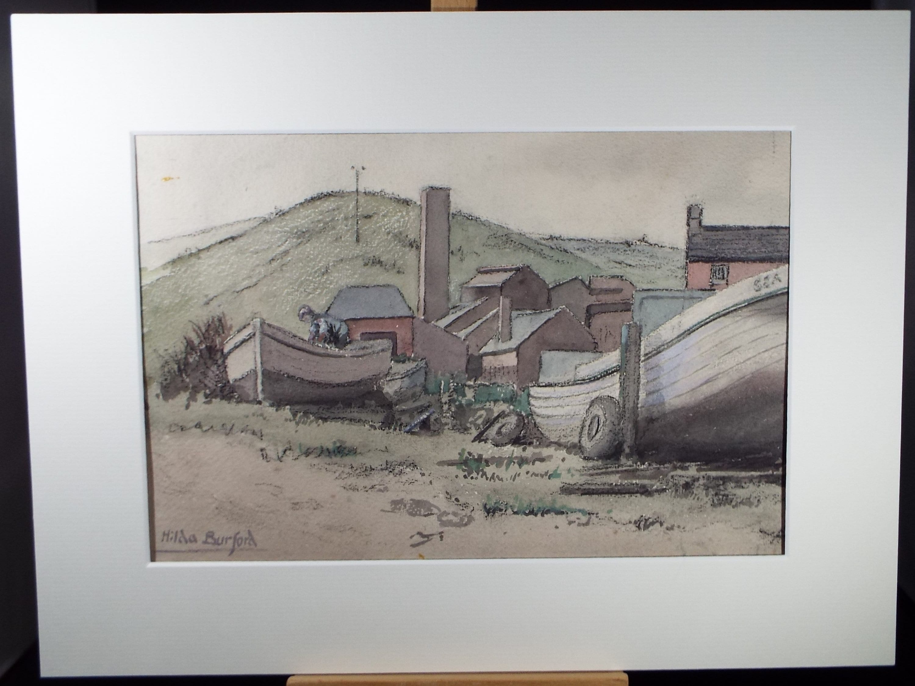 Original Watercolour & Charcoal 'The Boat Yard', circa 1940's, Hilda Burford (1887-1957)