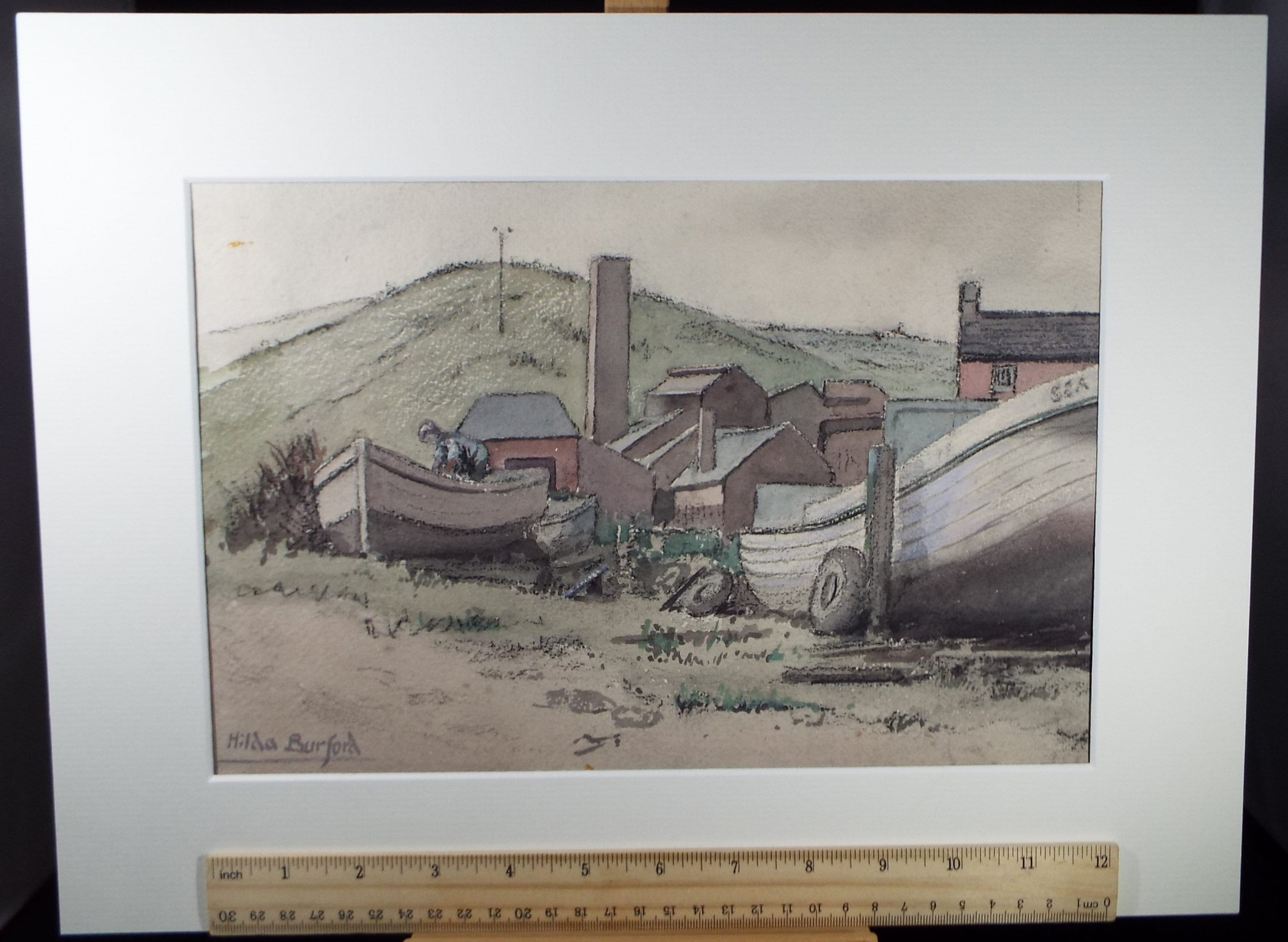 Original Watercolour & Charcoal 'The Boat Yard', circa 1940's, Hilda Burford (1887-1957)