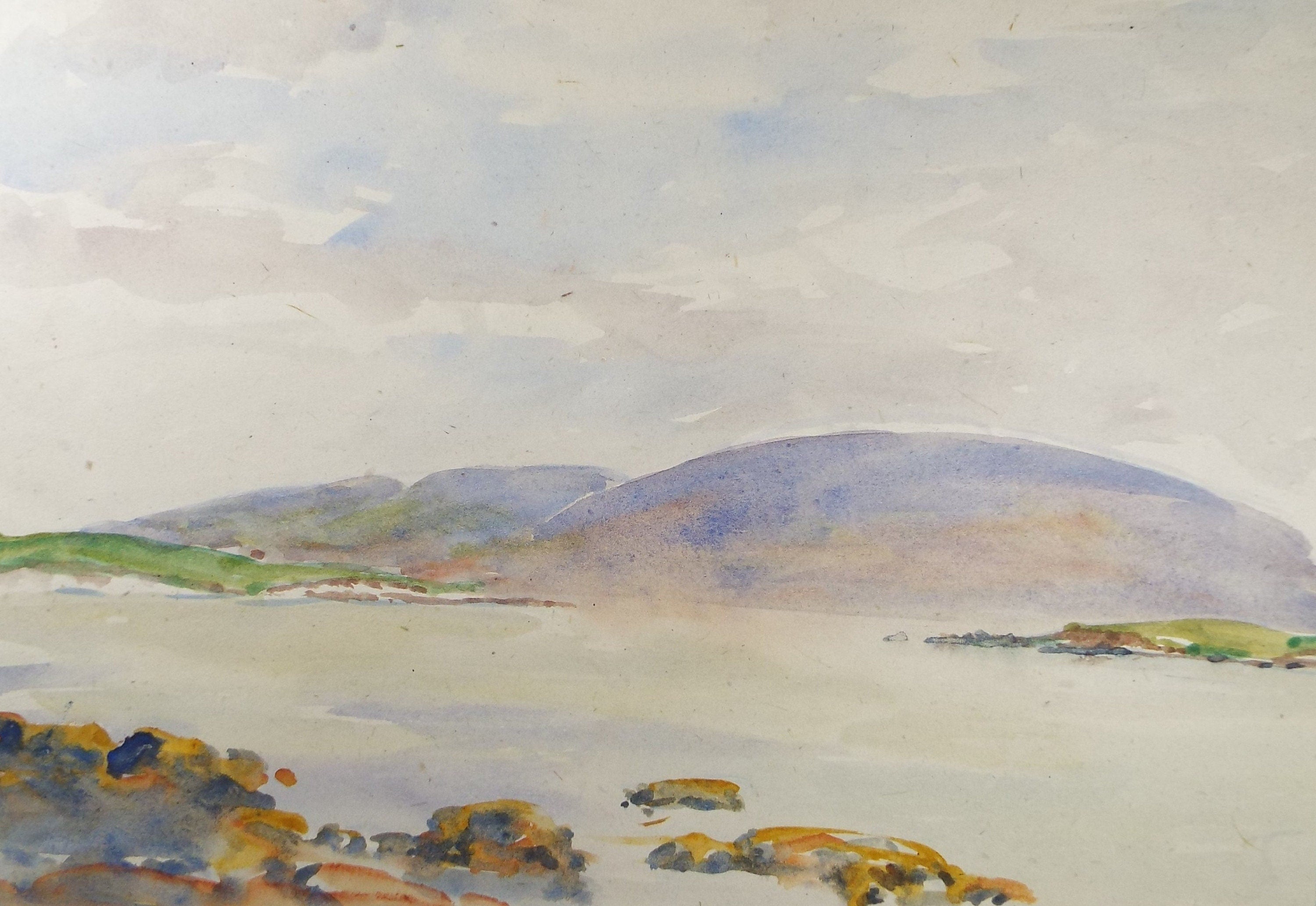 Original Watercolour, 'Coast with distant hills', Circa 1950's , Hilda Burford (1887-1957)