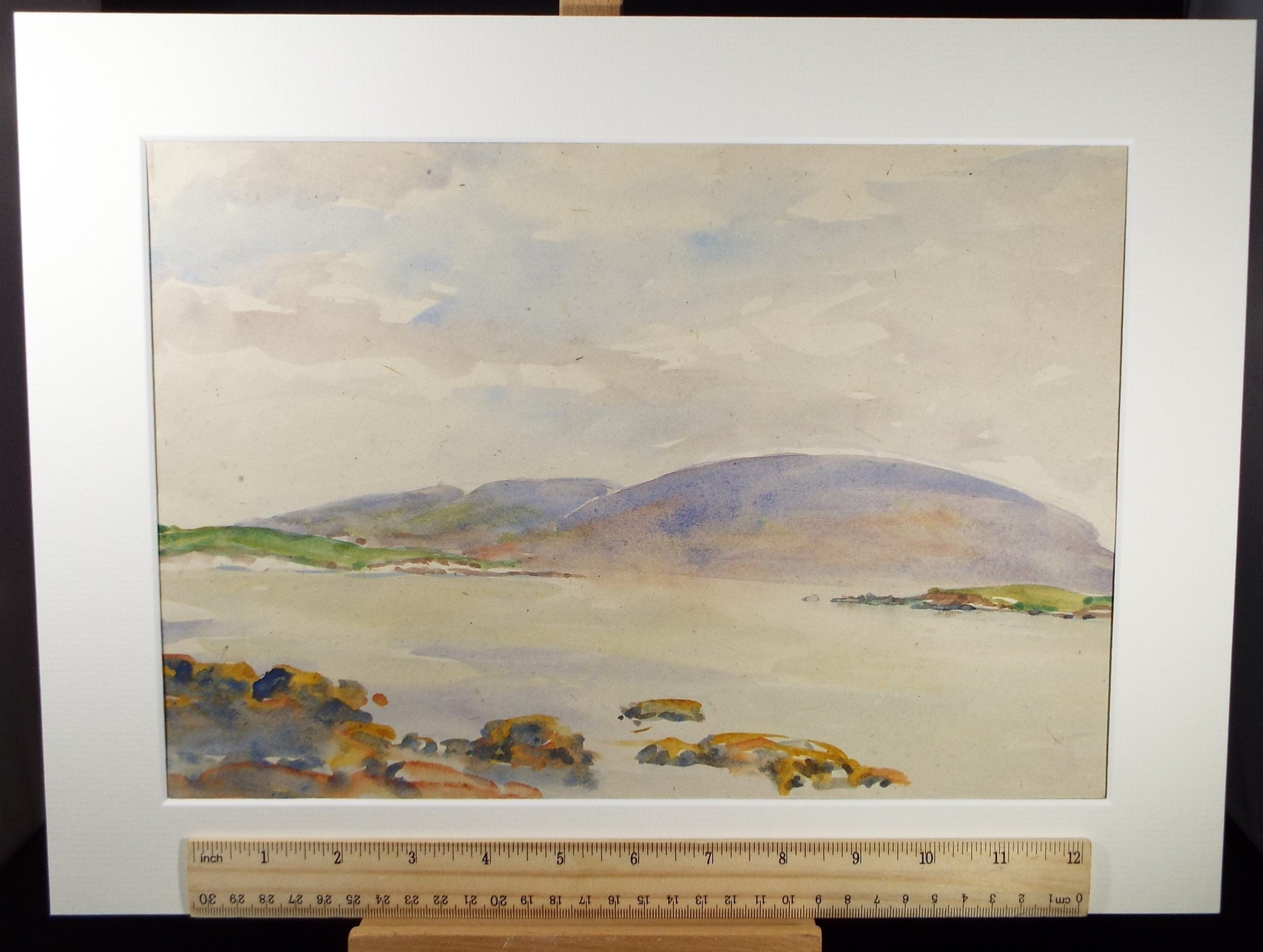 Original Watercolour, 'Coast with distant hills', Circa 1950's , Hilda Burford (1887-1957)