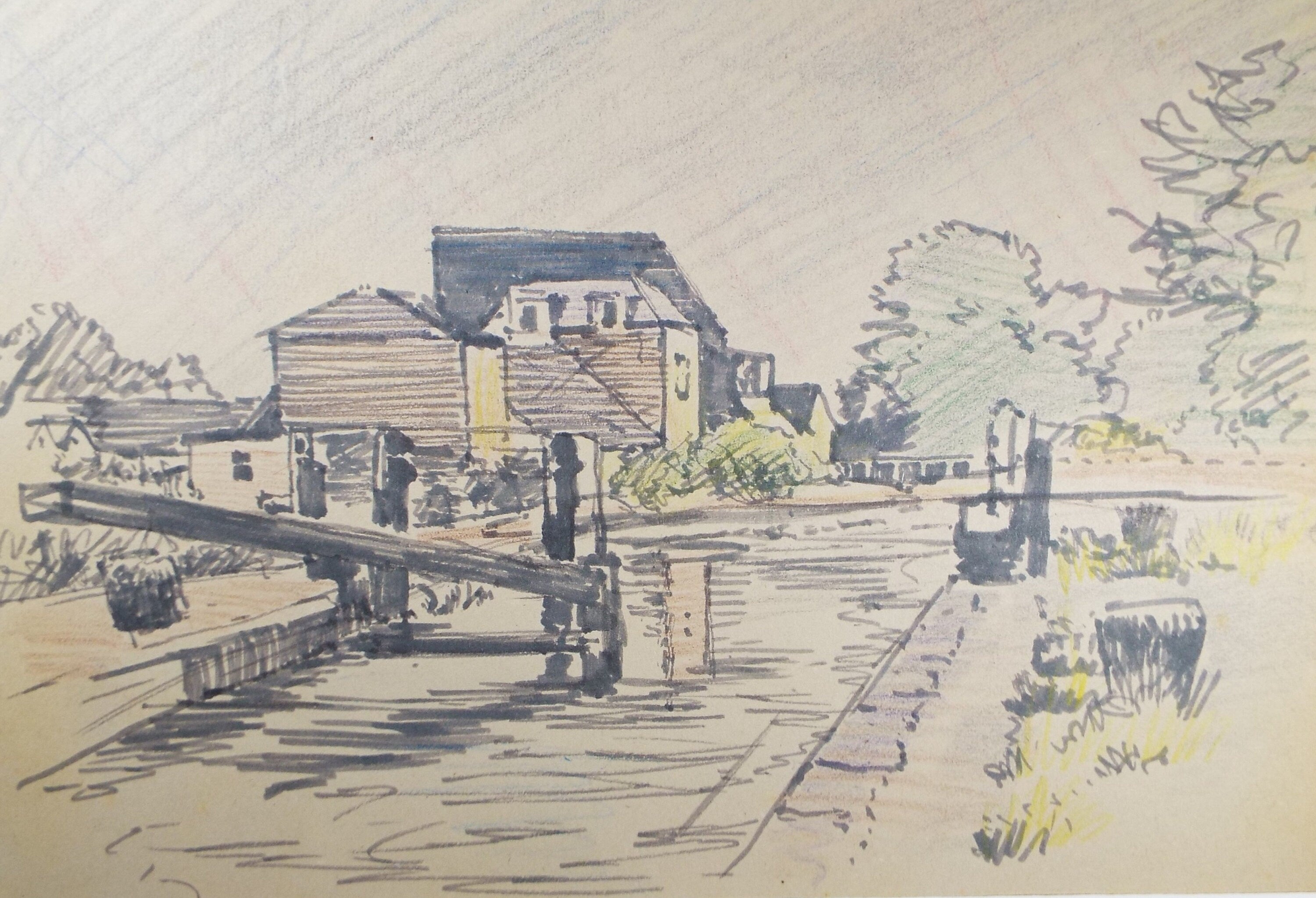 Original Felt Tip Pen, 'Lock on the Canal', Circa 1950's , Hilda Burford (1887-1957)