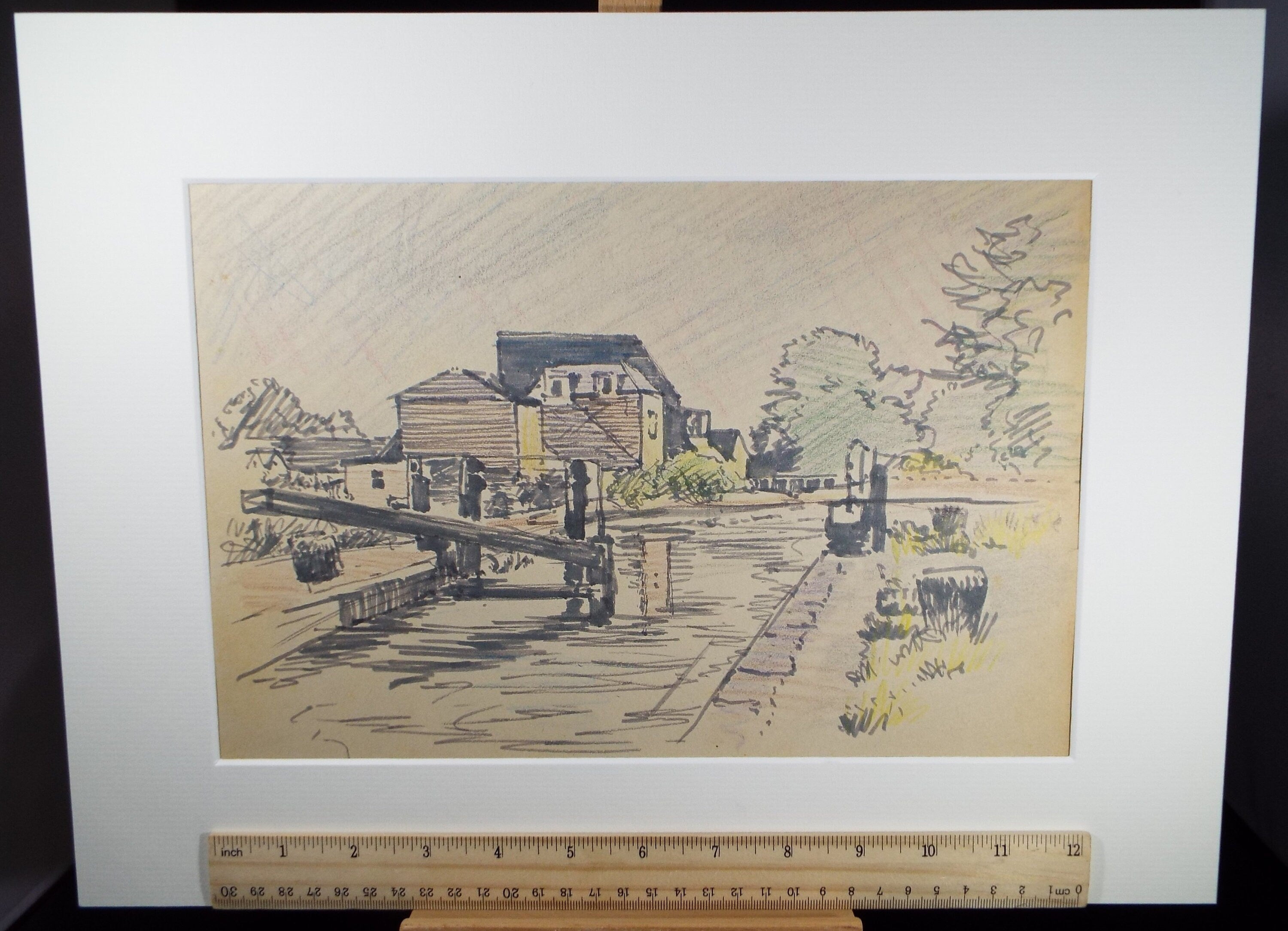 Original Felt Tip Pen, 'Lock on the Canal', Circa 1950's , Hilda Burford (1887-1957)