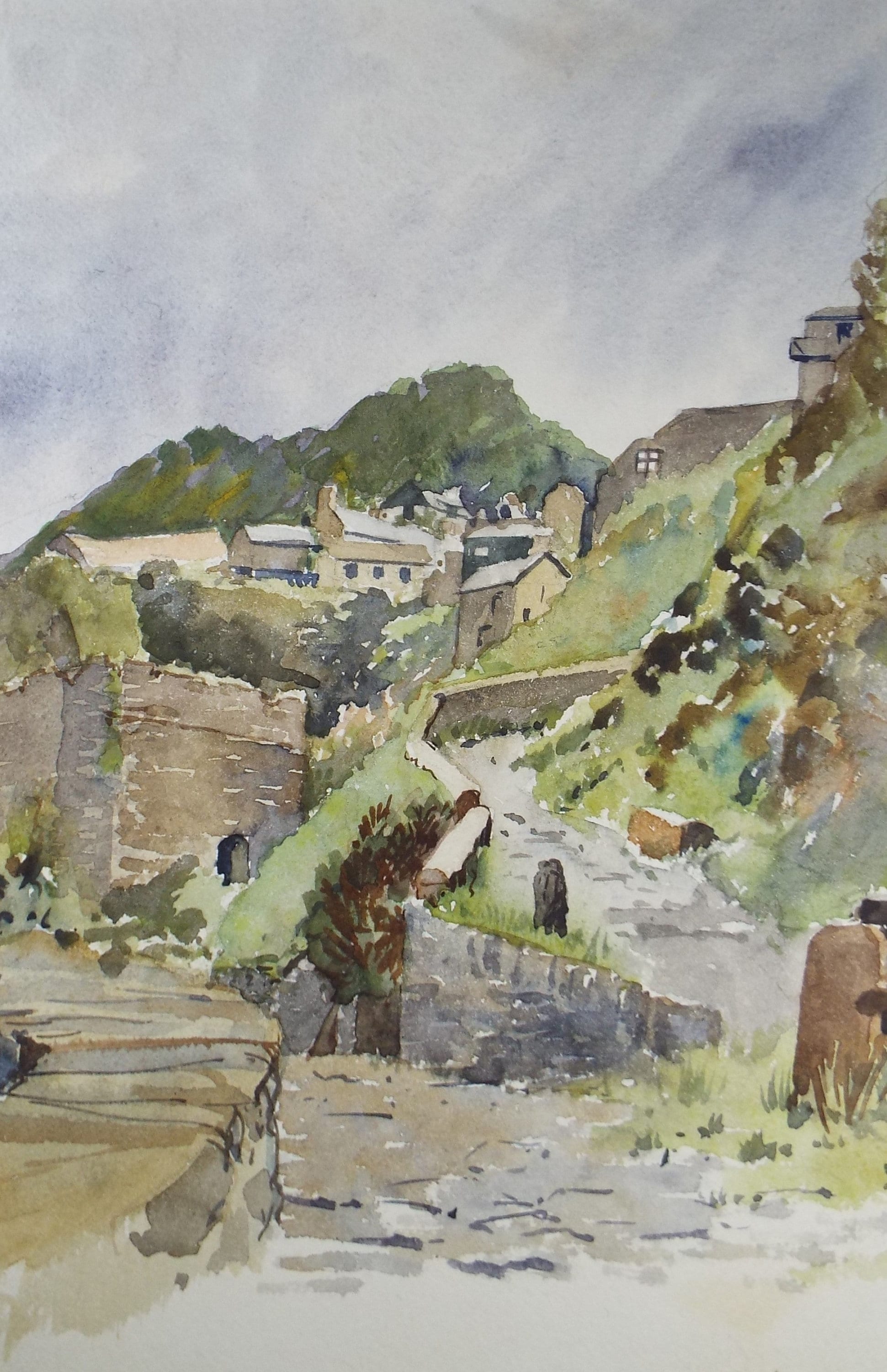 Original Watercolour, 'Village above the River', Circa 1950's , Hilda Burford (1887-1957)