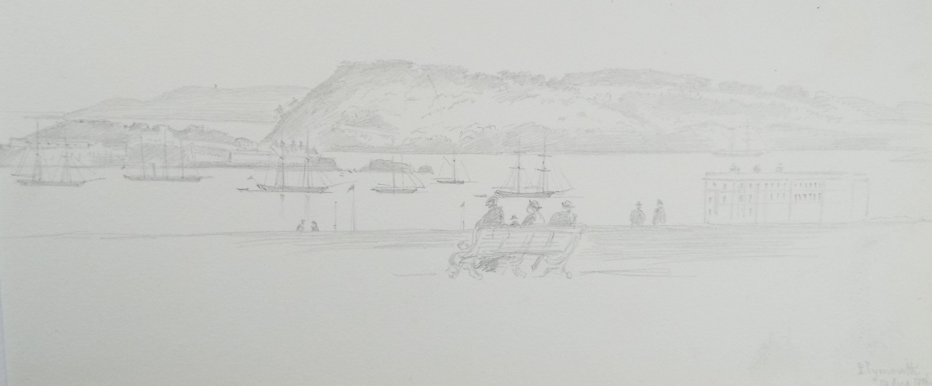 Original Pencil Drawing, 'Plymouth', dated 1886, Artist unknown