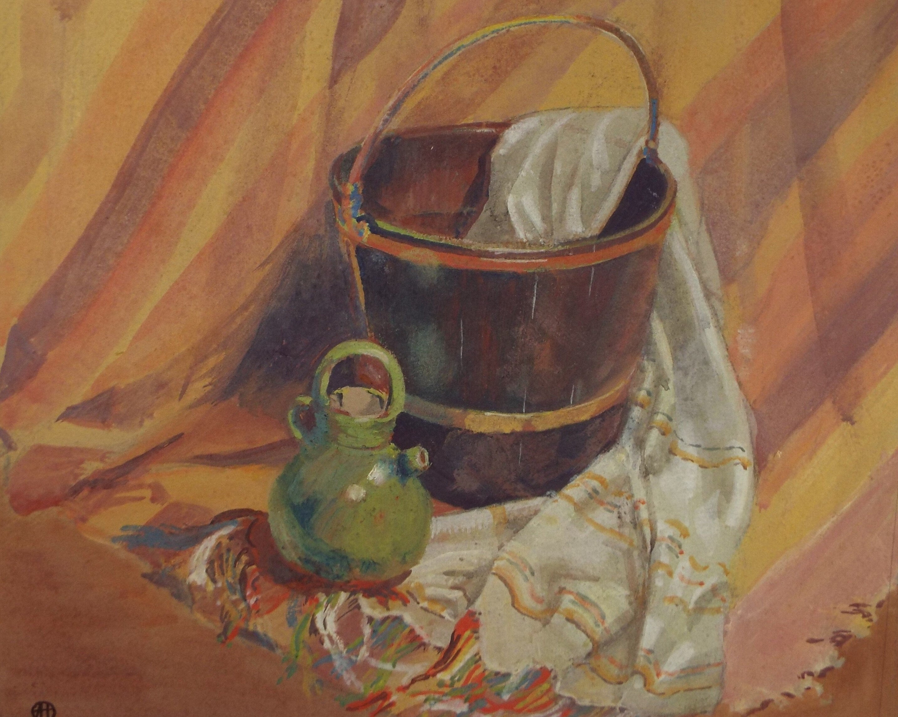 Original Watercolour Drawing, 'Still life of wooden bucket', circa 1950's , Artist Unknown