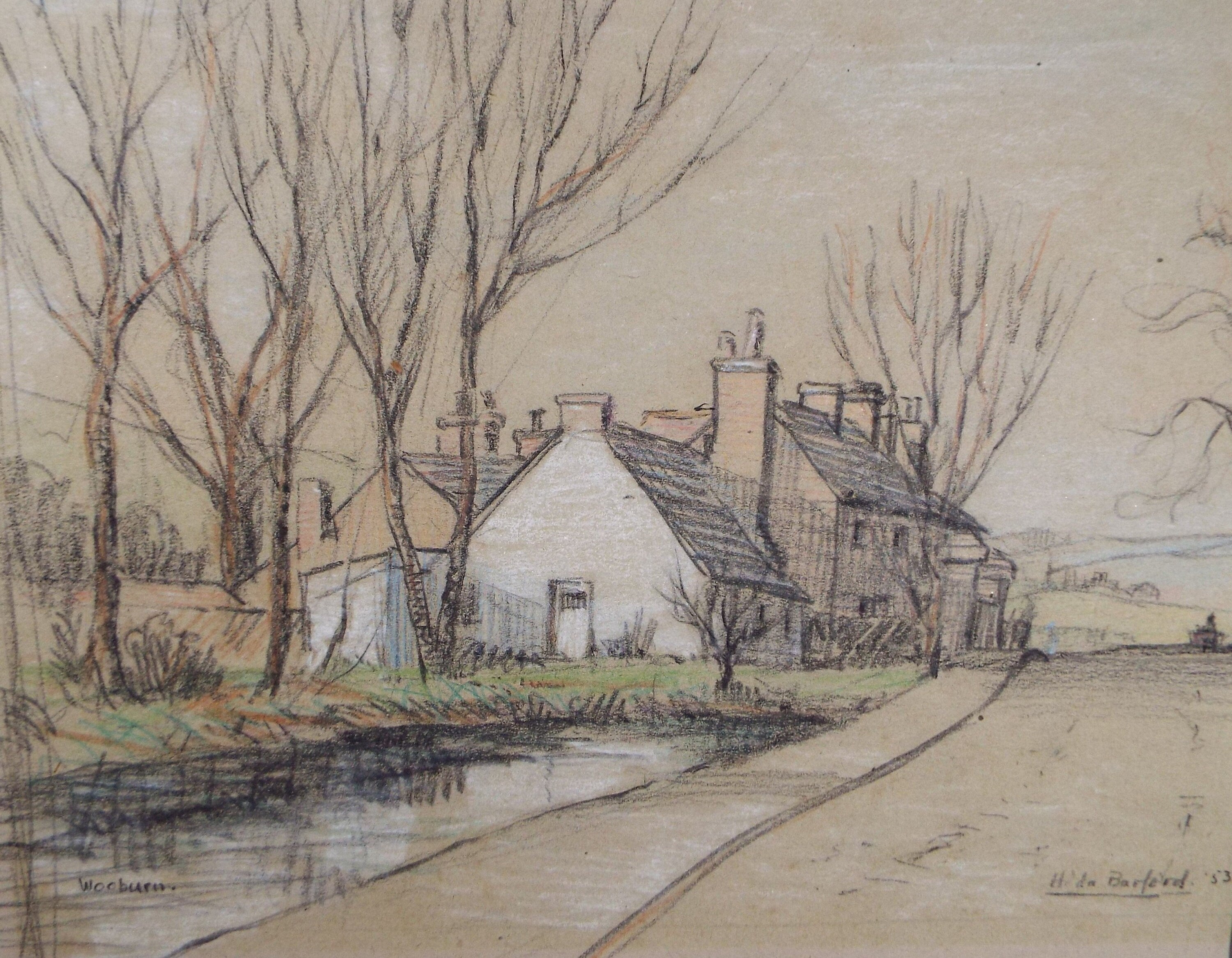 Original coloured Pencil, 'Wooburn', Dated 1953 , Hilda Burford (1887-1957)