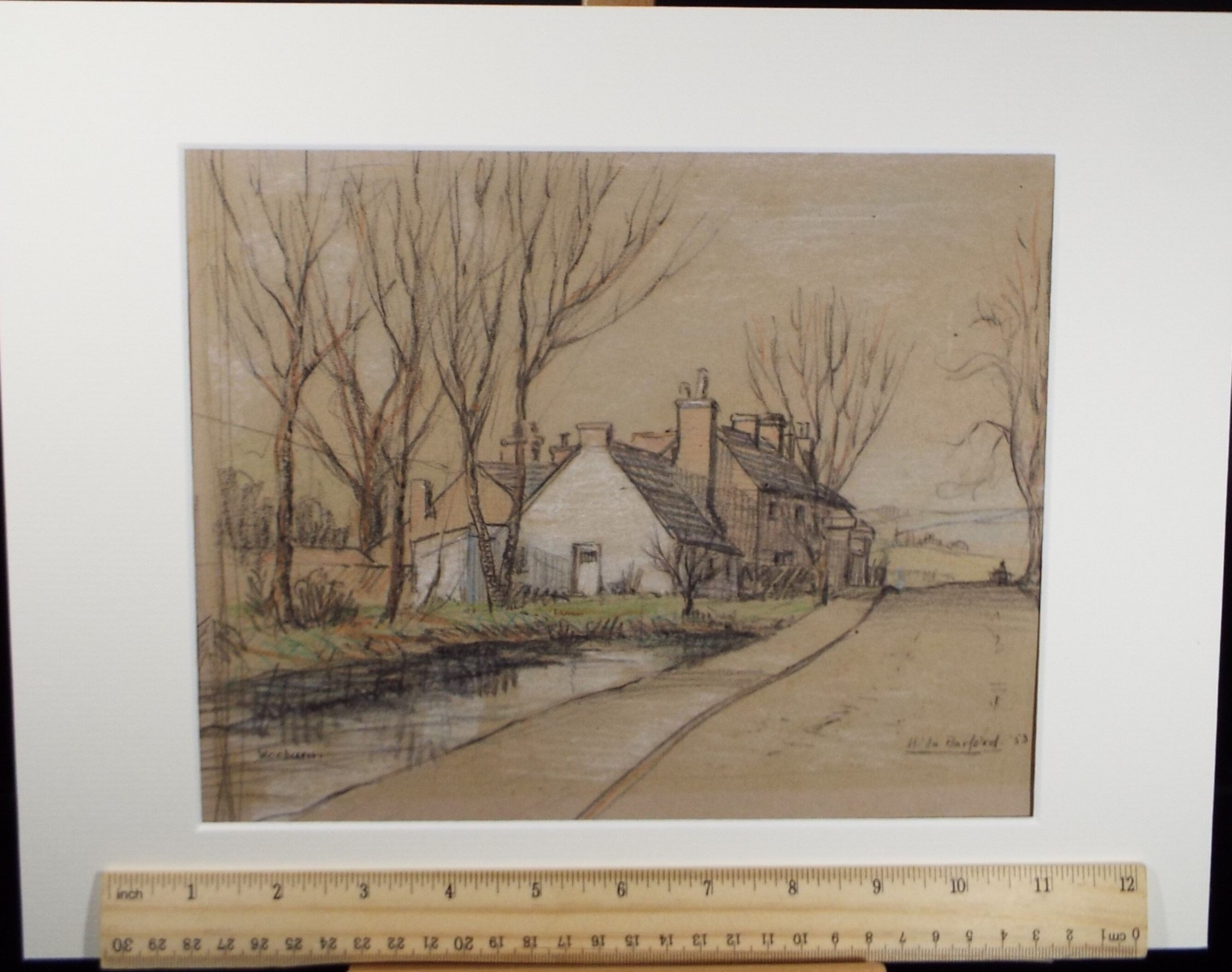 Original coloured Pencil, 'Wooburn', Dated 1953 , Hilda Burford (1887-1957)