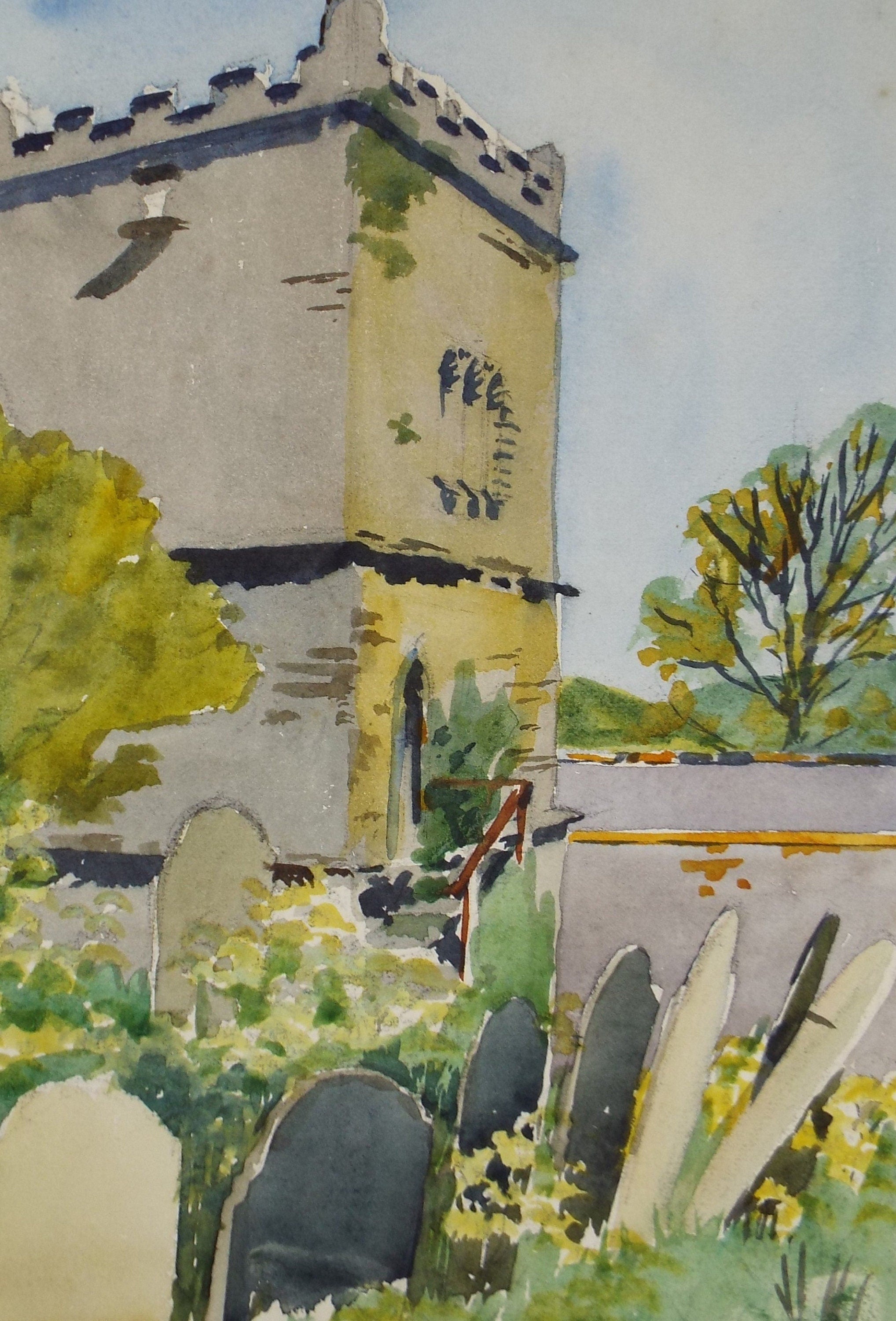 Original Watercolour, 'Church & Church Yard', c1950, Hilda Burford (1997-1957)