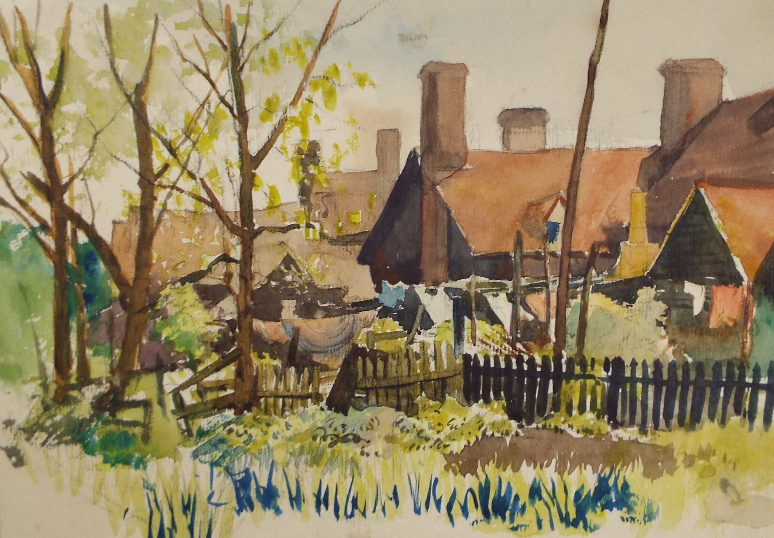 Original Watercolour on Paper, 'Village Houses', circa 1950's, Hilda Burford (1887-1957)