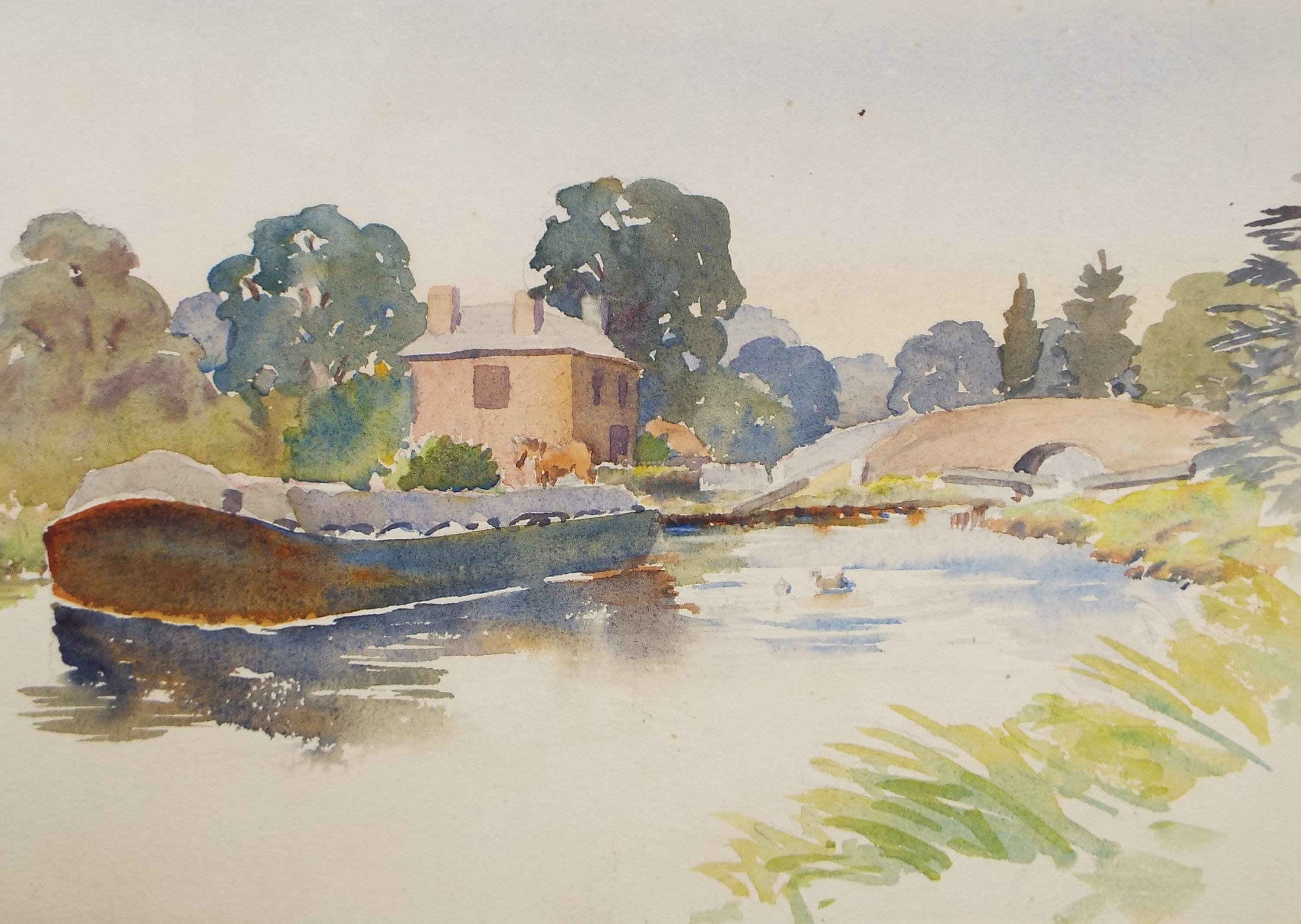 Original Watercolour on Paper, 'Barge on the River', circa 1950's, Hilda Burford (1887-1957)