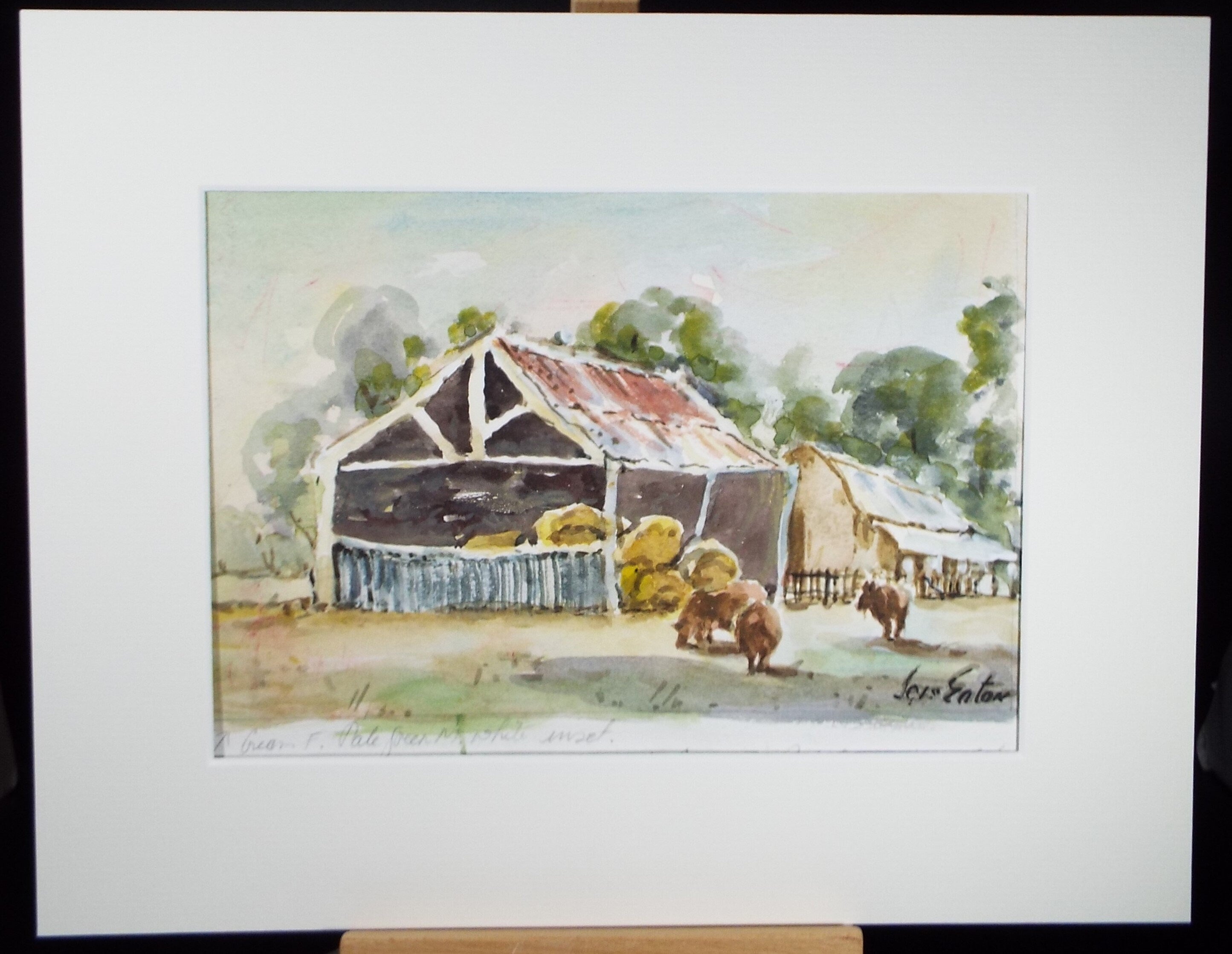 Original Watercolour, 'Barns with farm animals', Circa 1960's ,Artist Unknown