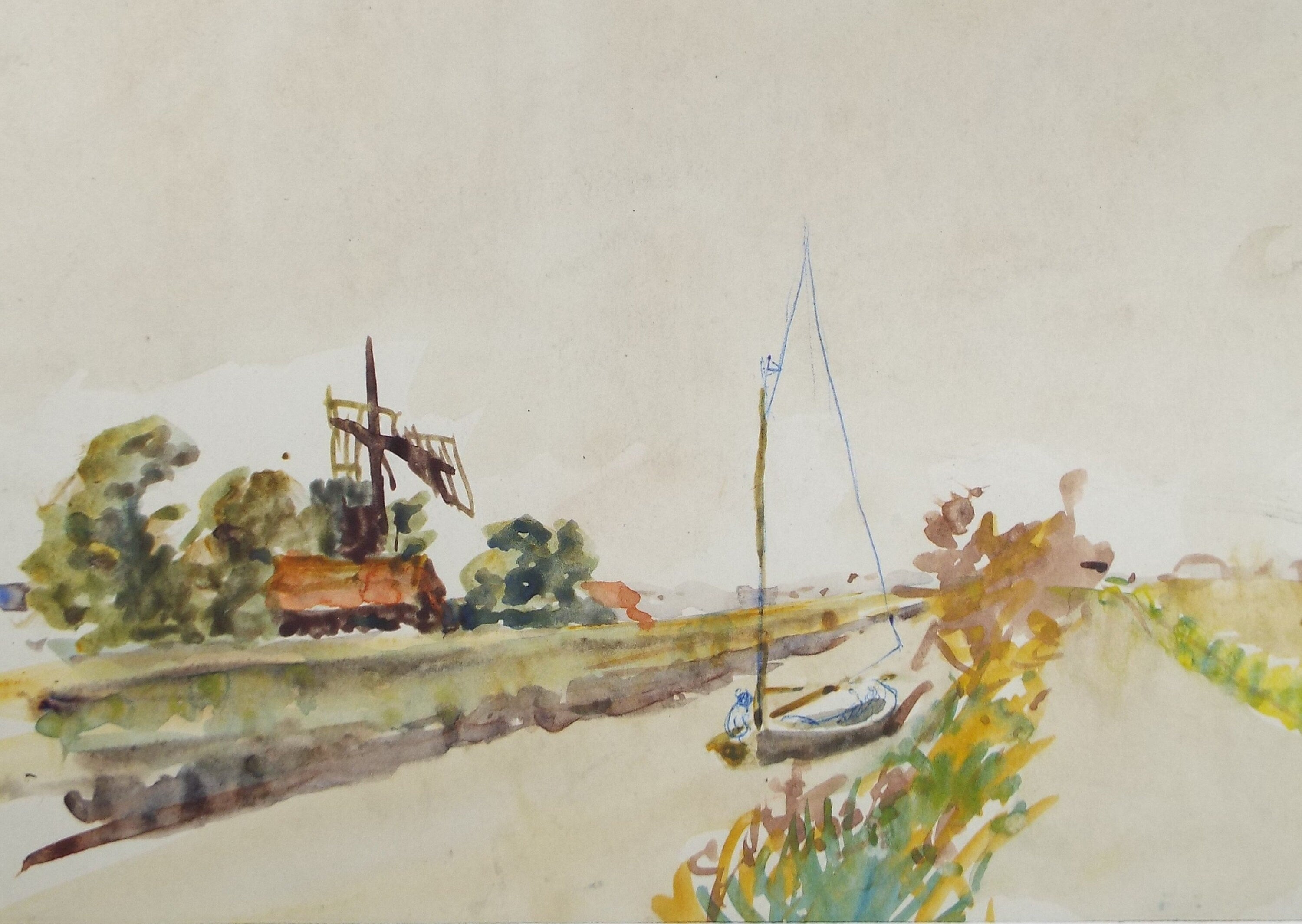 Original Watercolour on Paper, 'Boat on the Canal', circa 1950's, Hilda Burford (1887-1957)