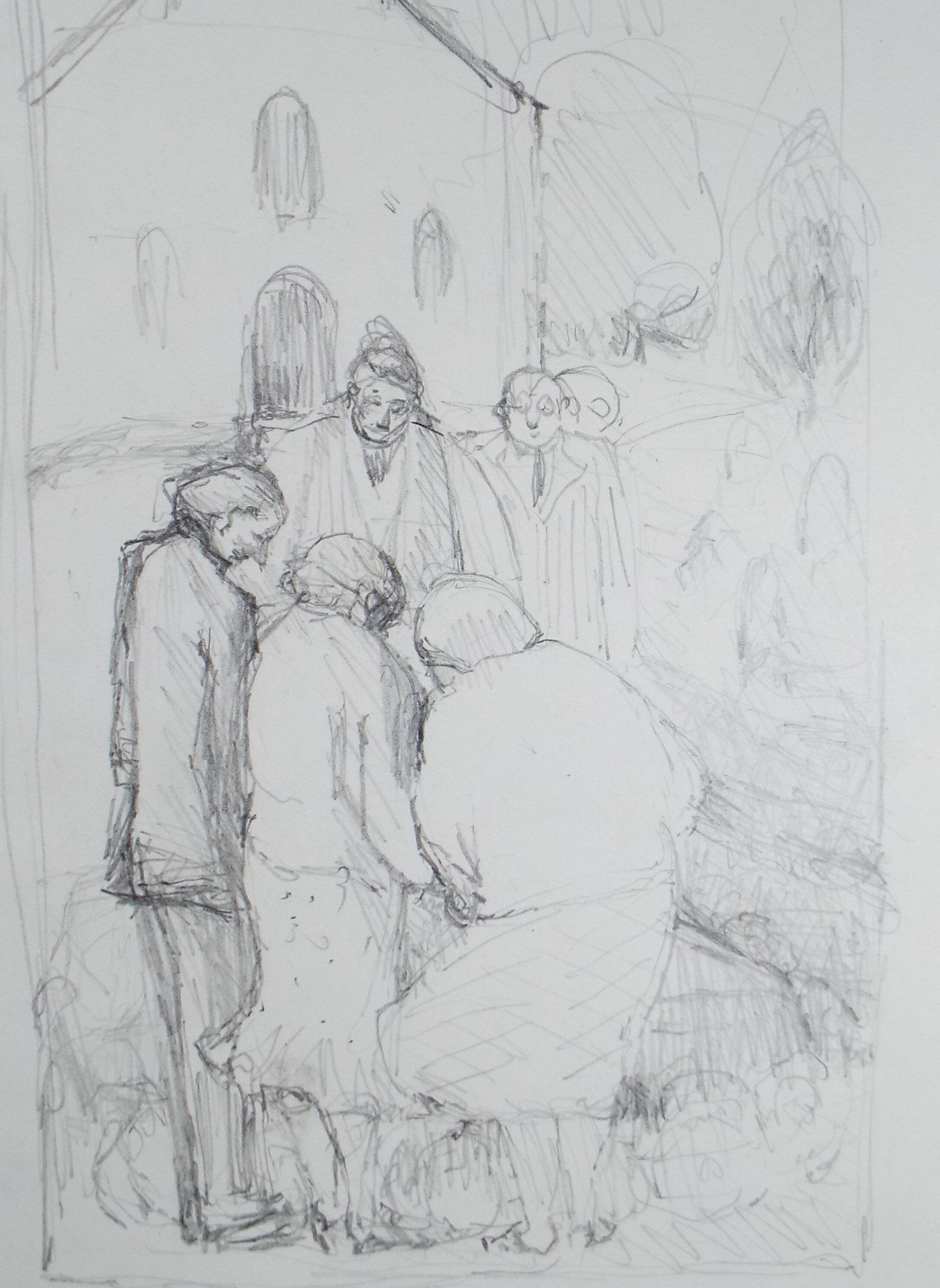 Original Pencil Drawing,'Figures outside a Church', circa 1990, Mariota Bosanquet (1923-2022)