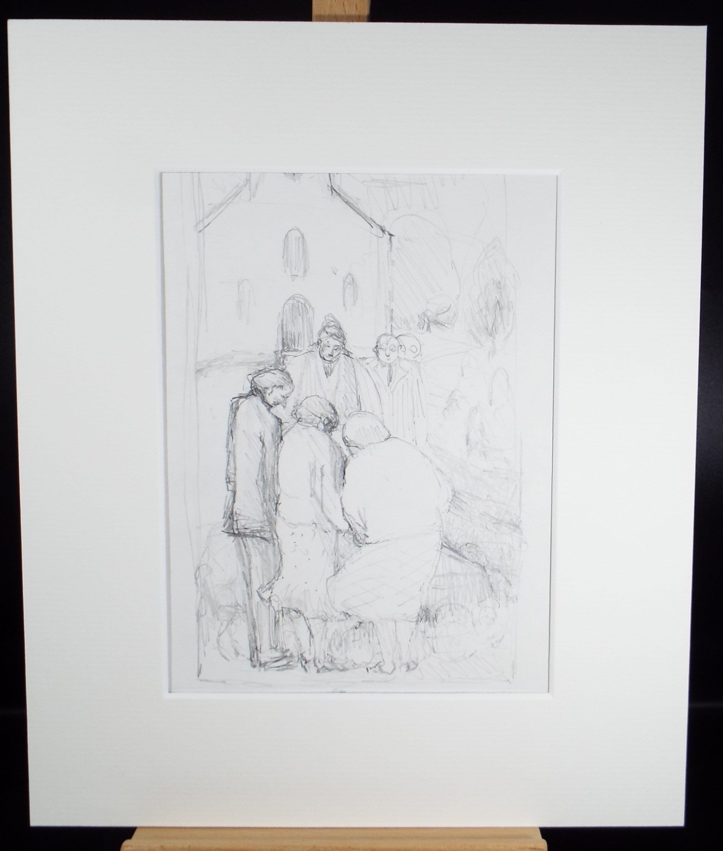 Original Pencil Drawing,'Figures outside a Church', circa 1990, Mariota Bosanquet (1923-2022)