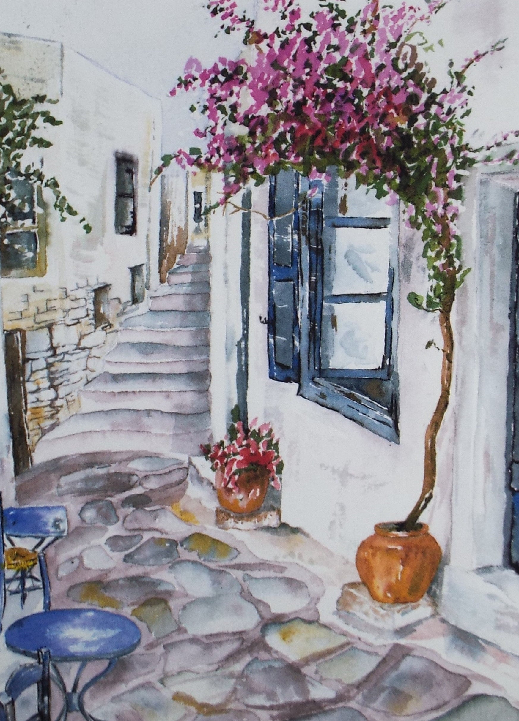 Original Watercolour on Paper, 'Village Steps', dated 2002, signed Blanche