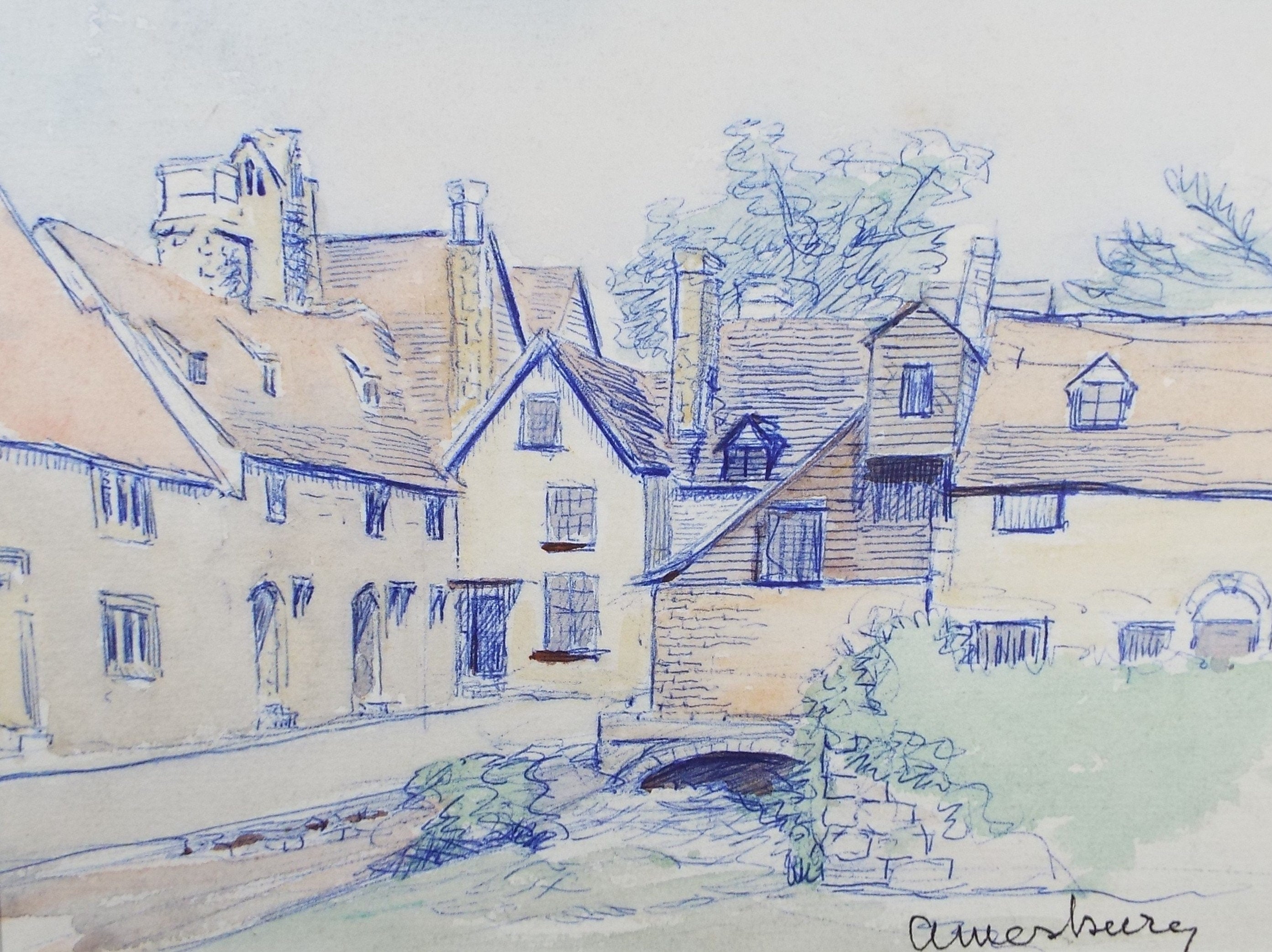 Original coloured Pencil, 'Amersbury', Circa 1950's , Hilda Burford (1887-1957)