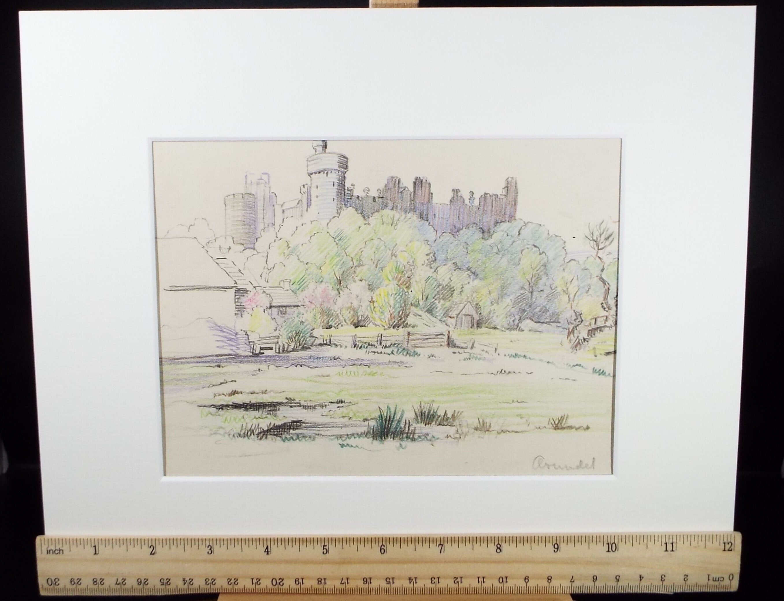 Original coloured Pencil, 'Arundel Castle', circa 1940's, Hilda Burford (1887-1957)