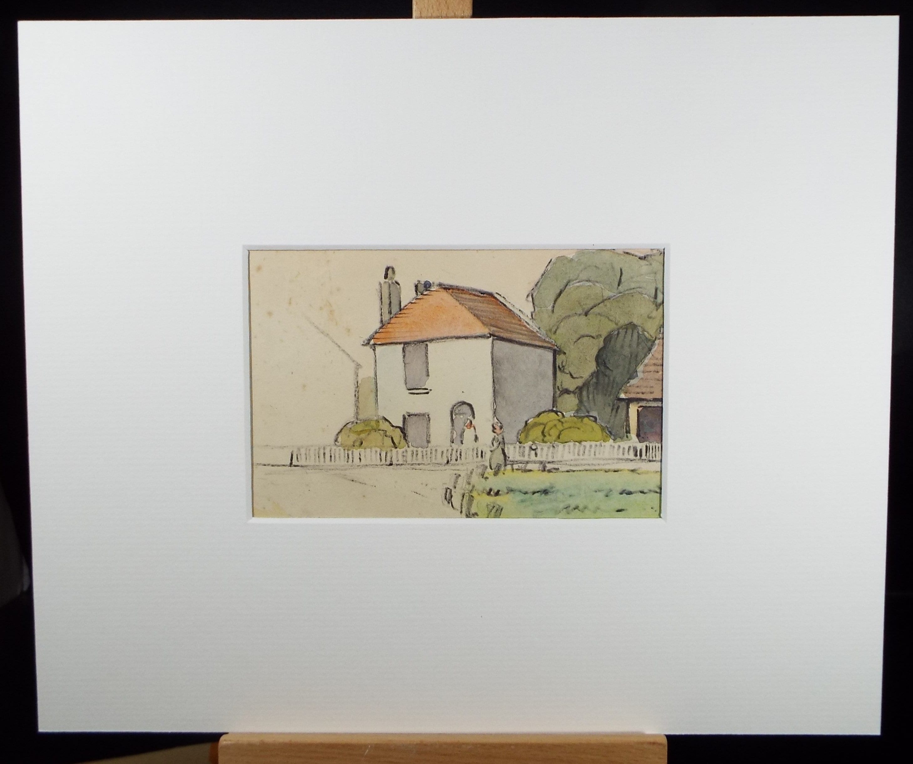 Original Watercolour, 'House with figures & picket Fence', Hilda Burford (1887-1957)