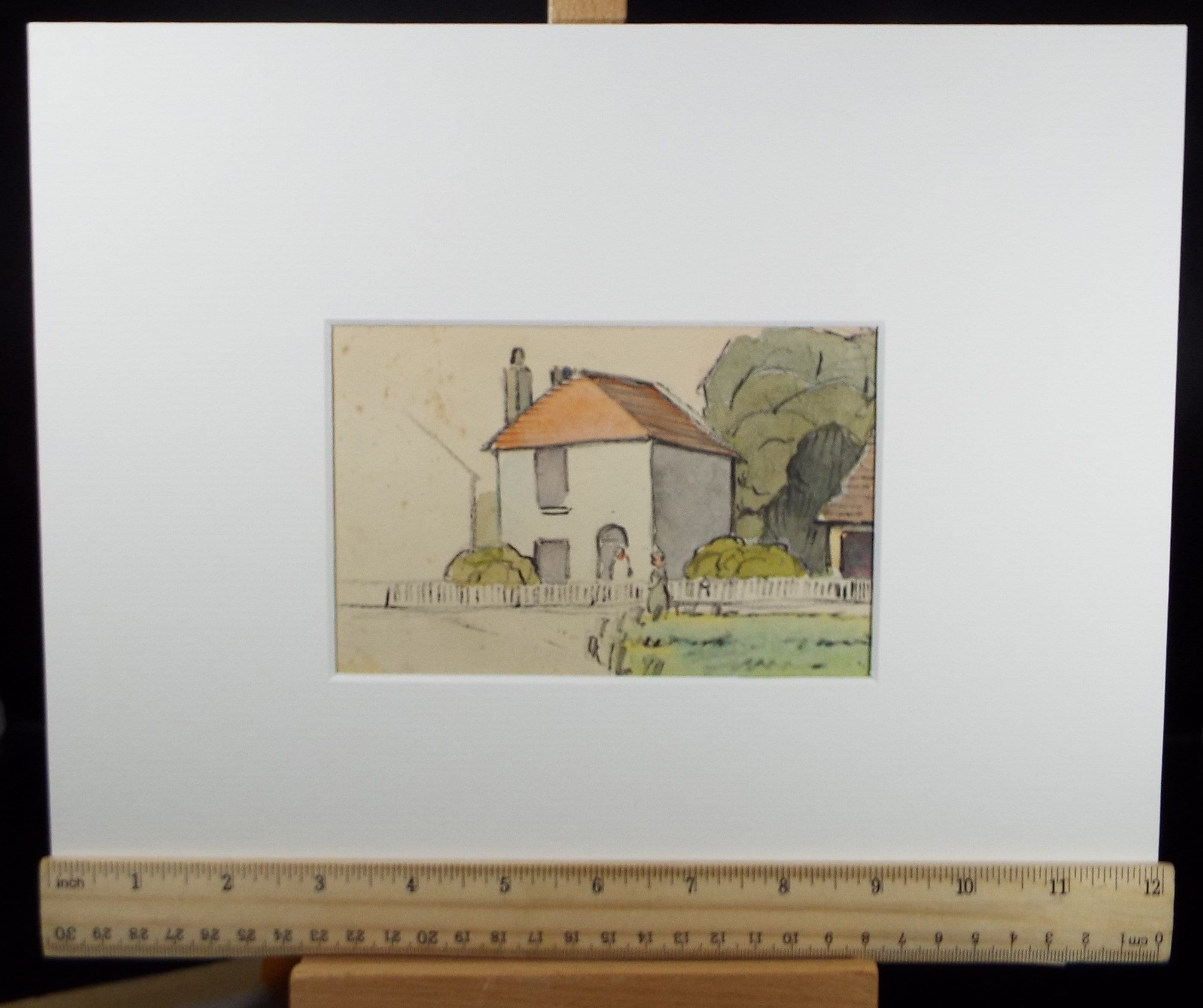 Original Watercolour, 'House with figures & picket Fence', Hilda Burford (1887-1957)