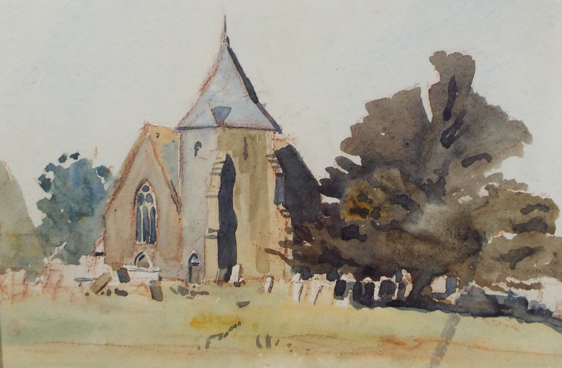 Original Watercolour, 'Church & Church Yard', c1950, Hilda Burford (1997-1957)