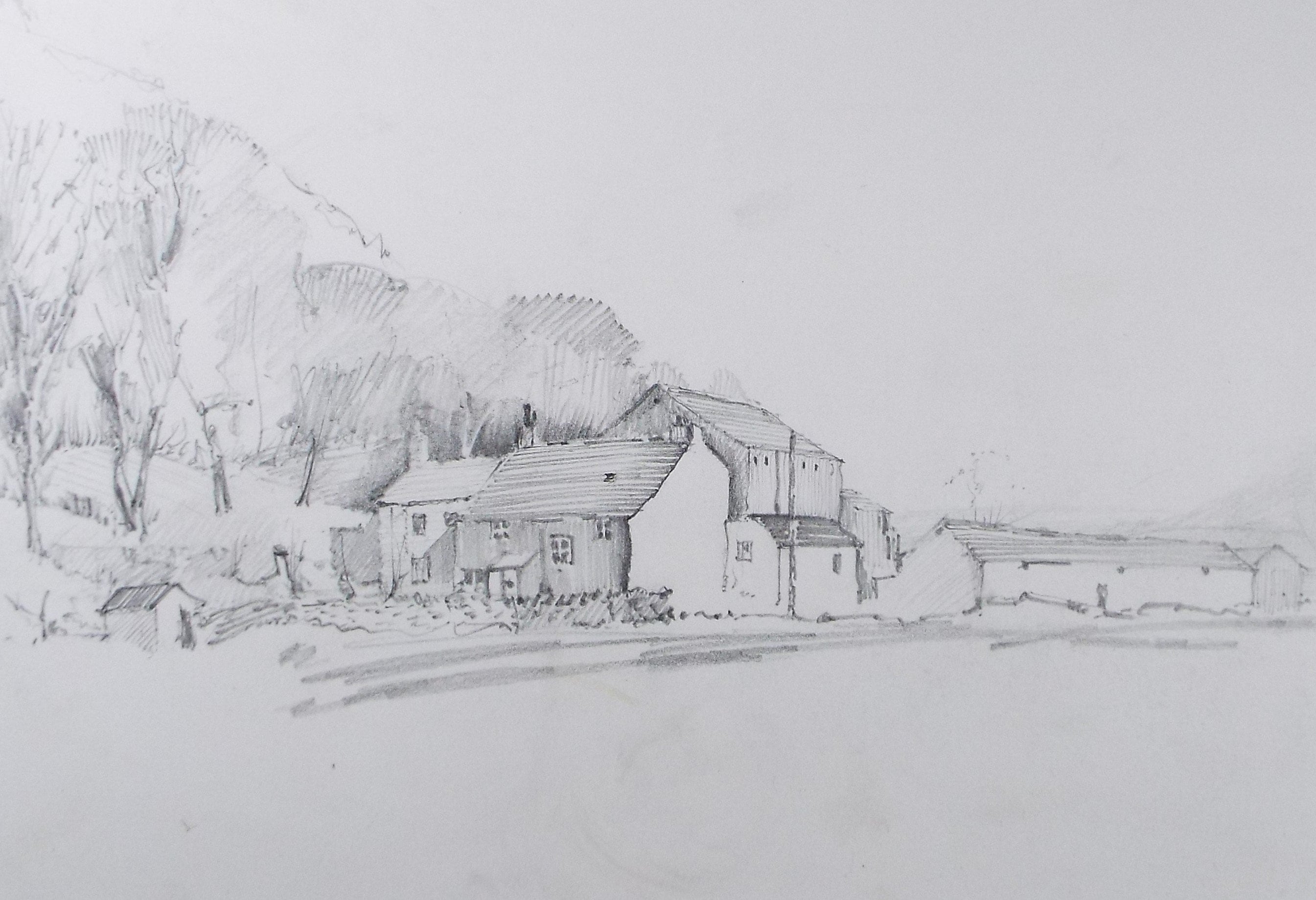 Original Pencil Sketch , 'Farm Buildings', c1980's, Artist Unknown