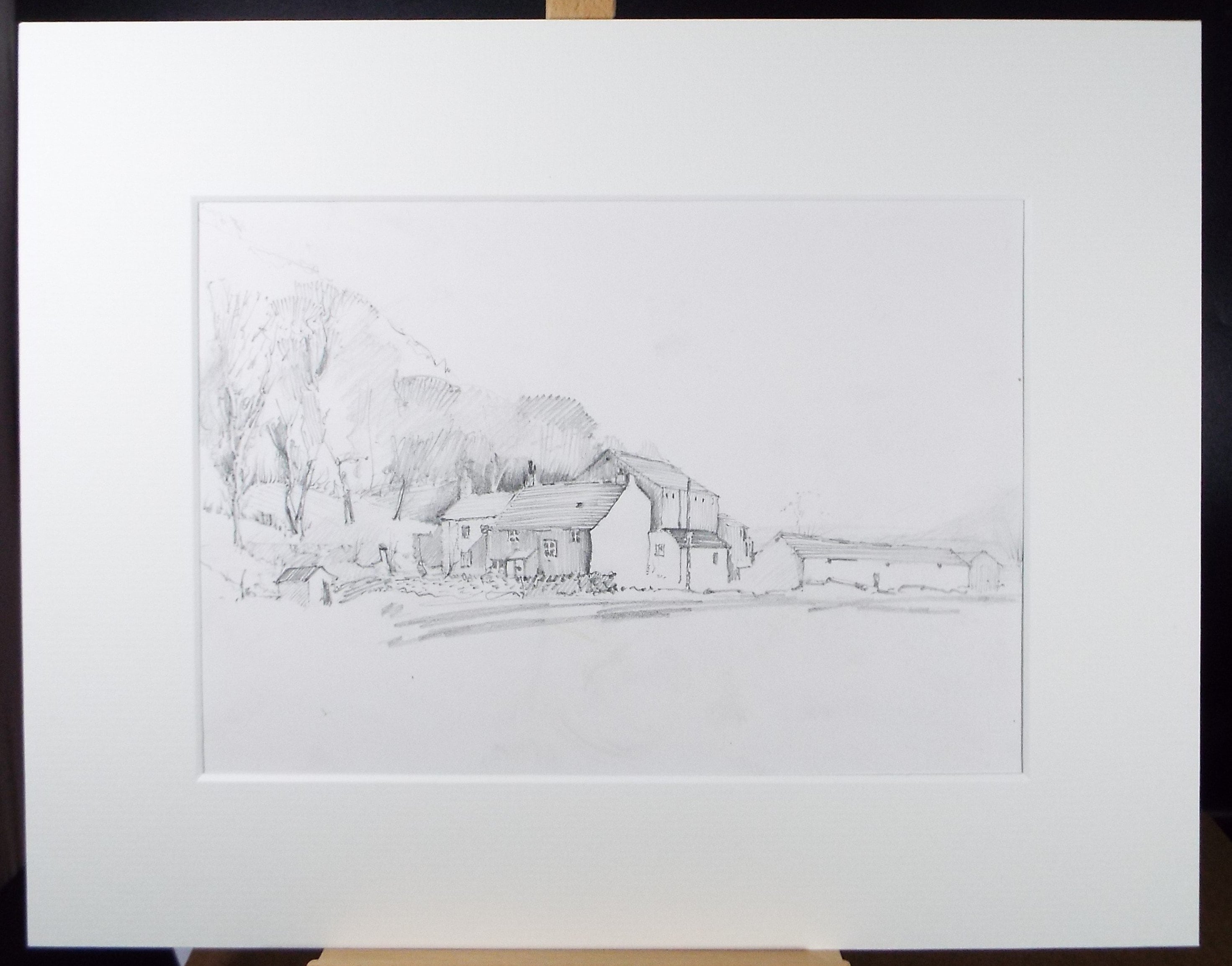 Original Pencil Sketch , 'Farm Buildings', c1980's, Artist Unknown