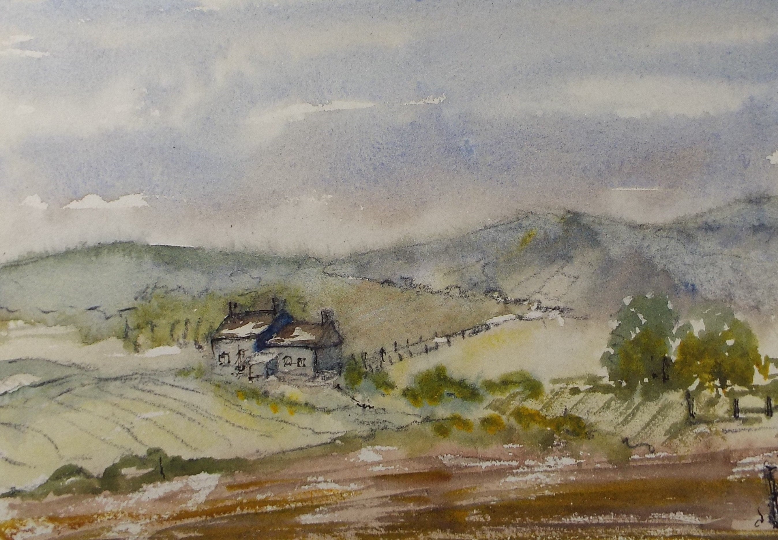 Original Watercolour, 'Autumn Farmstead', circa 1980's, Unknown Artist