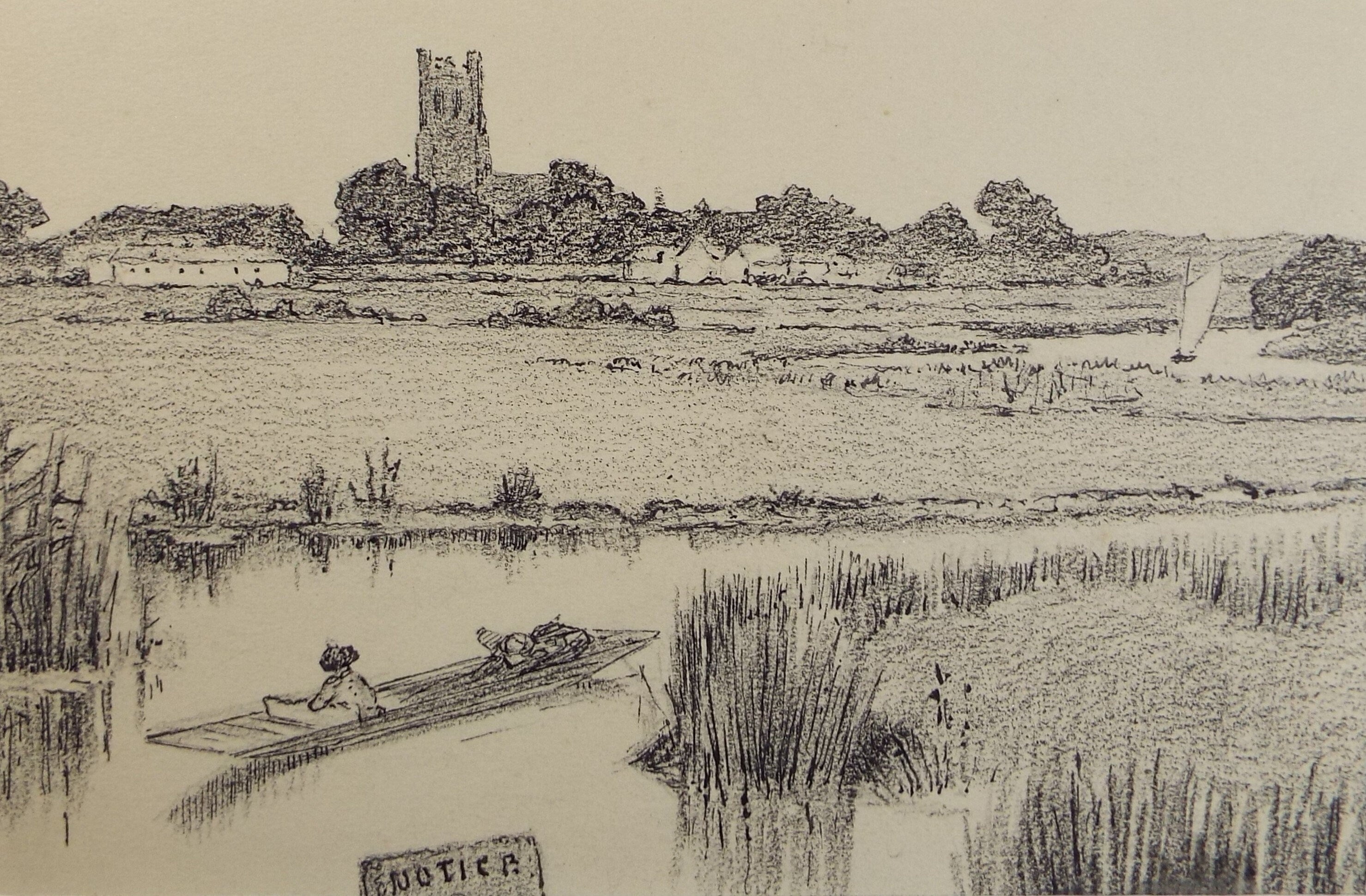 Original Pencil Drawing, 'Punt on the Cam', Artist Unknown, Late 19th Century