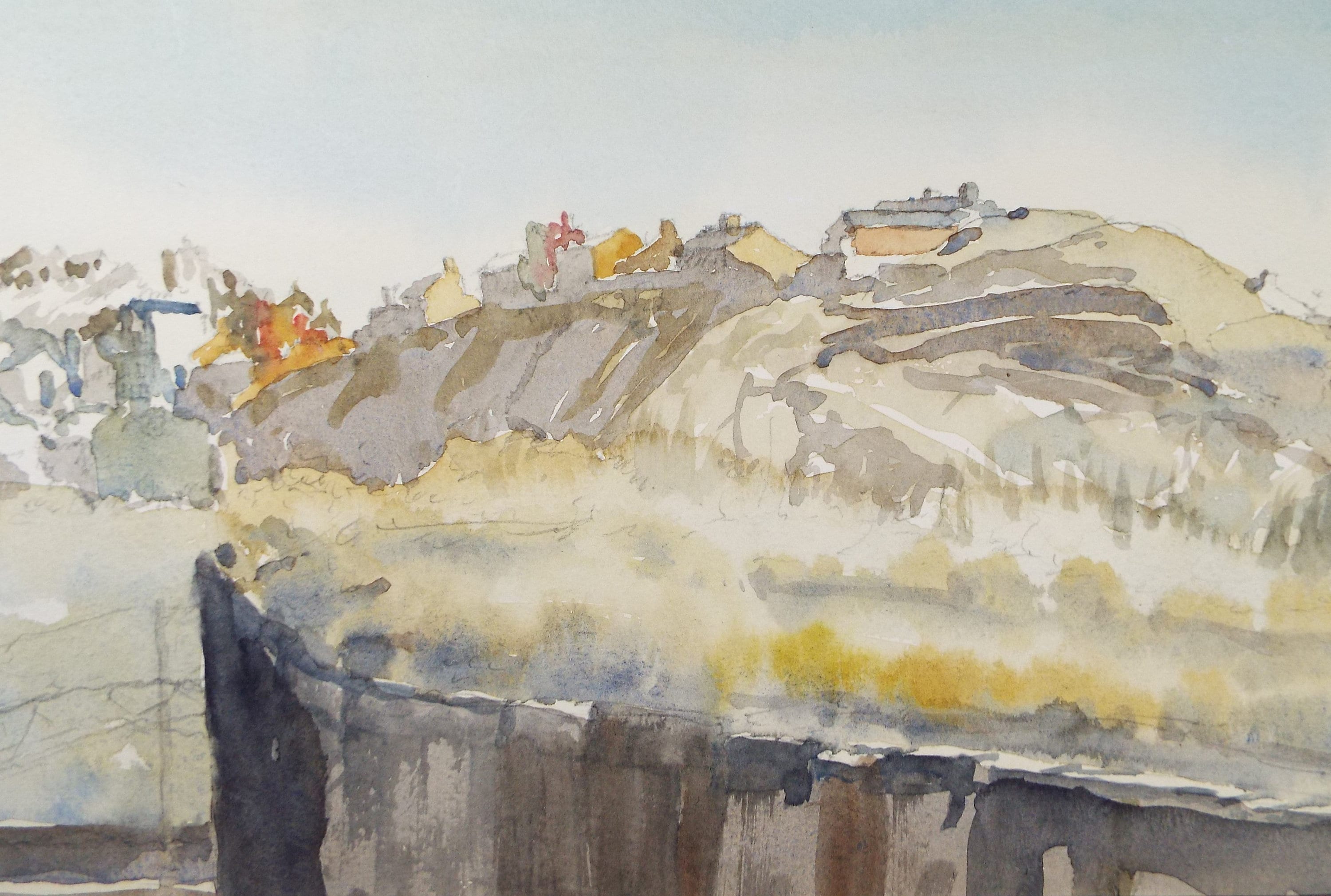 Original Watercolour, 'Village on the Escarpment', Circa 1980's , Unknown Artist