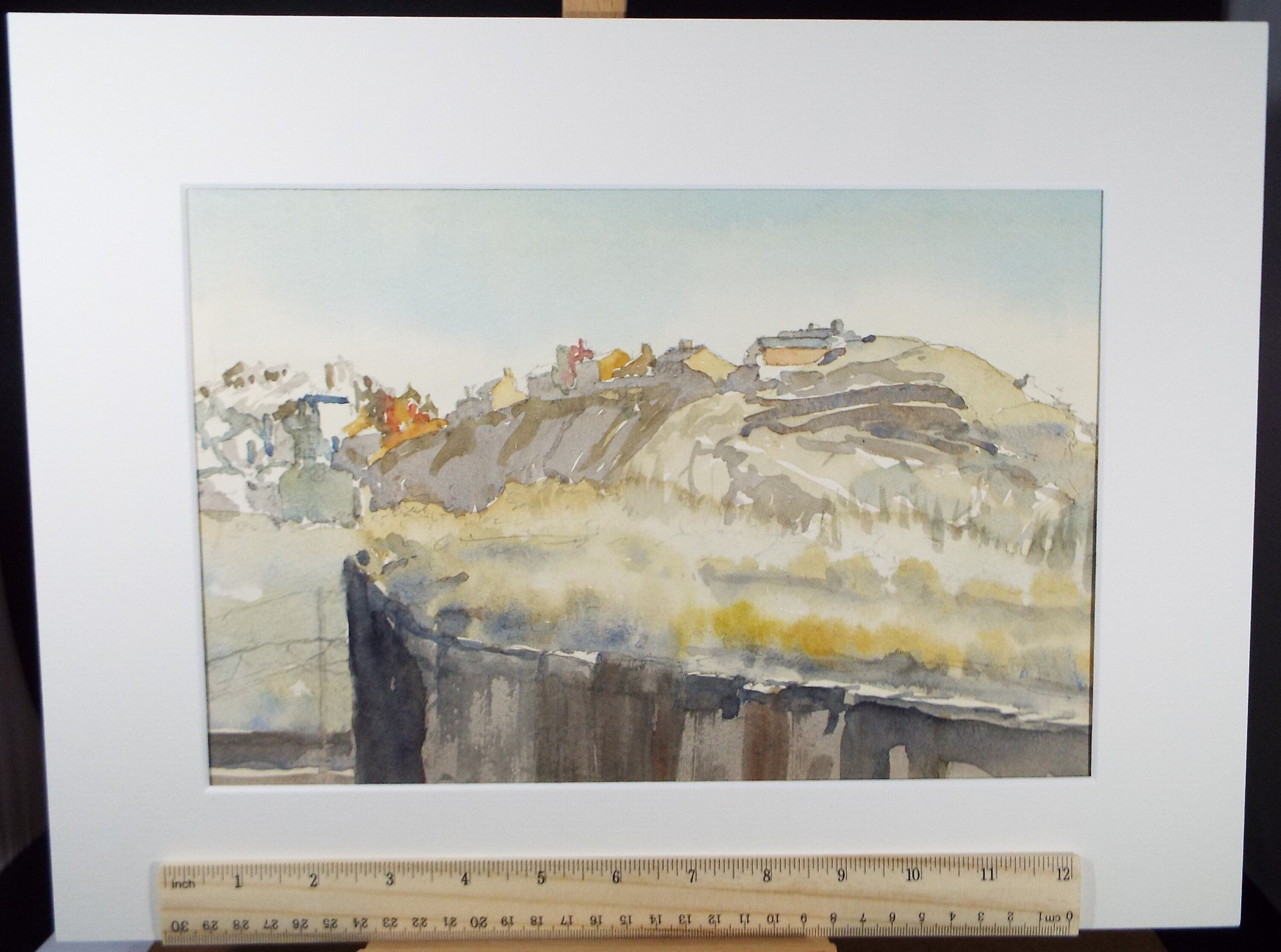 Original Watercolour, 'Village on the Escarpment', Circa 1980's , Unknown Artist