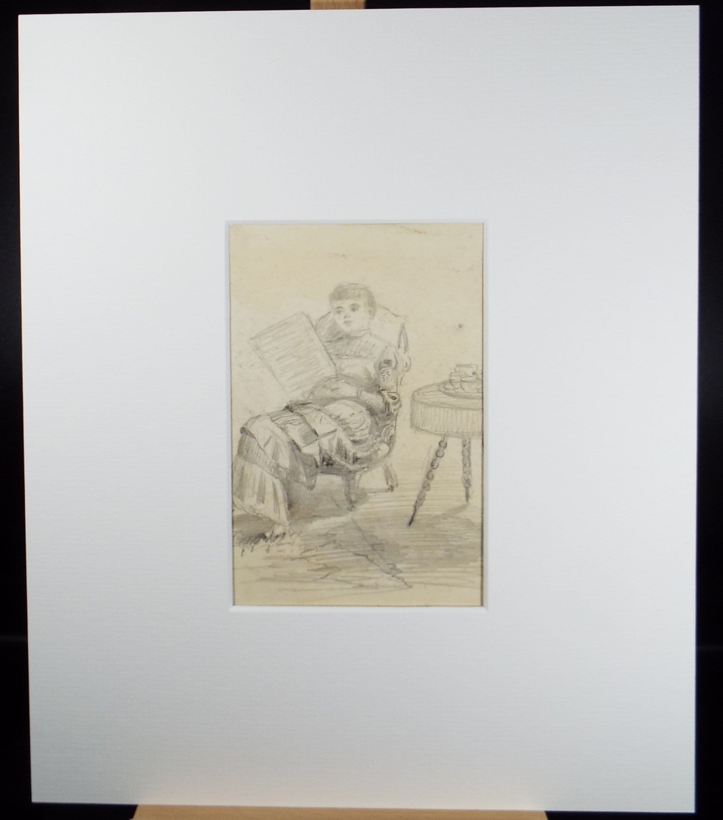 Original Pencil Drawing,'Woman reading', Circa 1890, artist Unknown