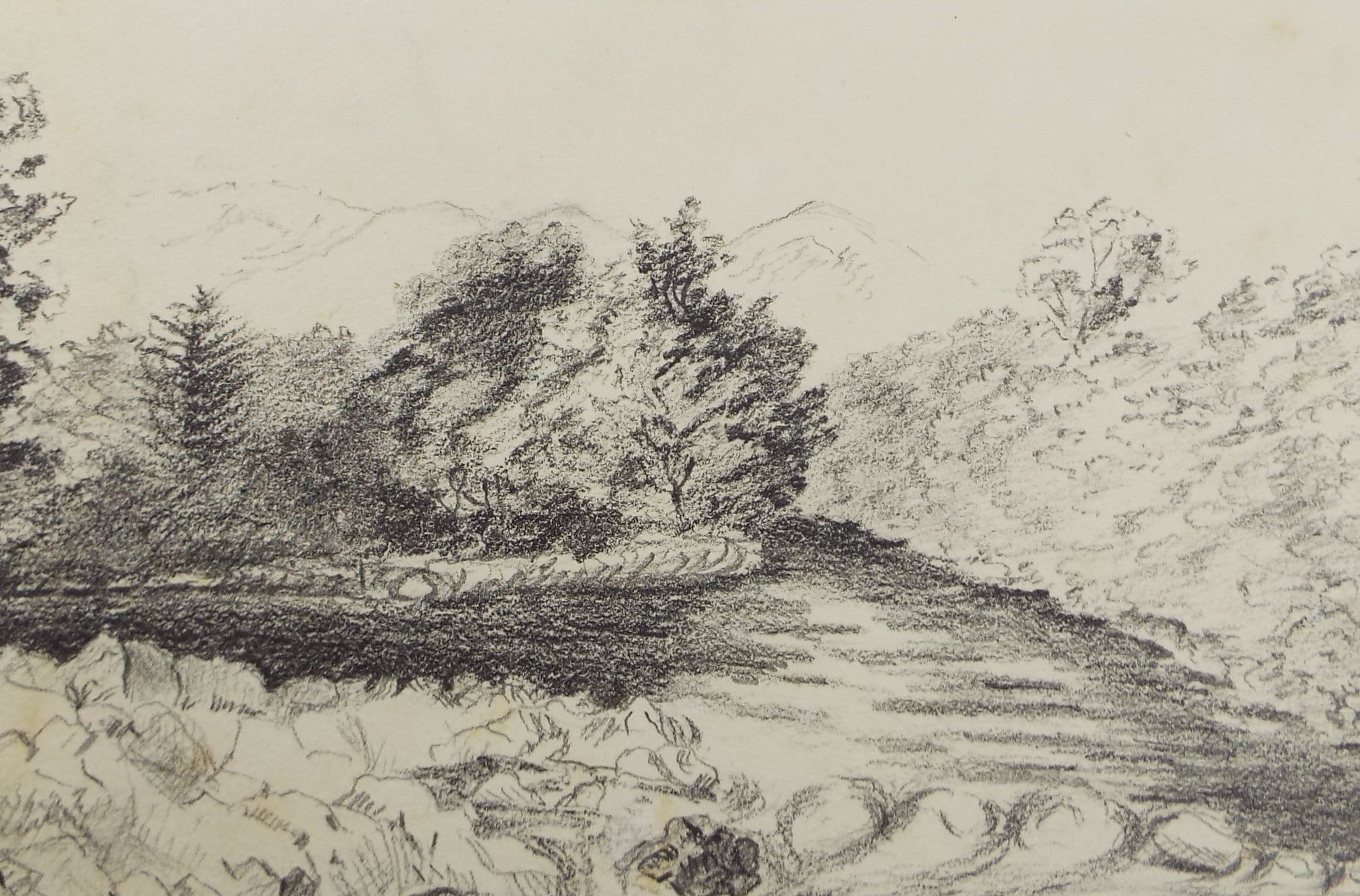 Original Pencil drawing 'River Landscape', Circa 1890, artist Unknown