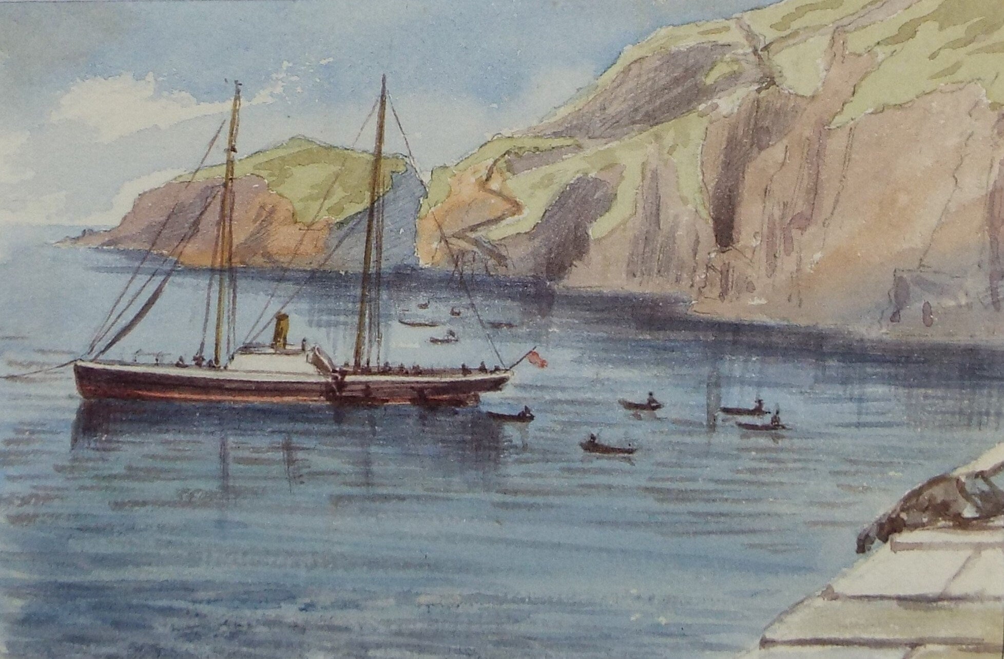 Original Watercolour, 'Morning Star at Anchor, Sark', c1880, A Elliott