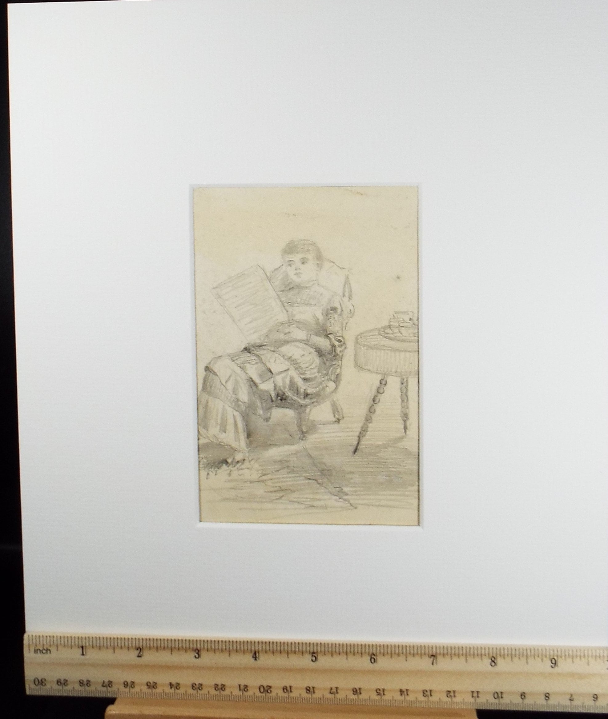 Original Pencil Drawing,'Woman reading', Circa 1890, artist Unknown