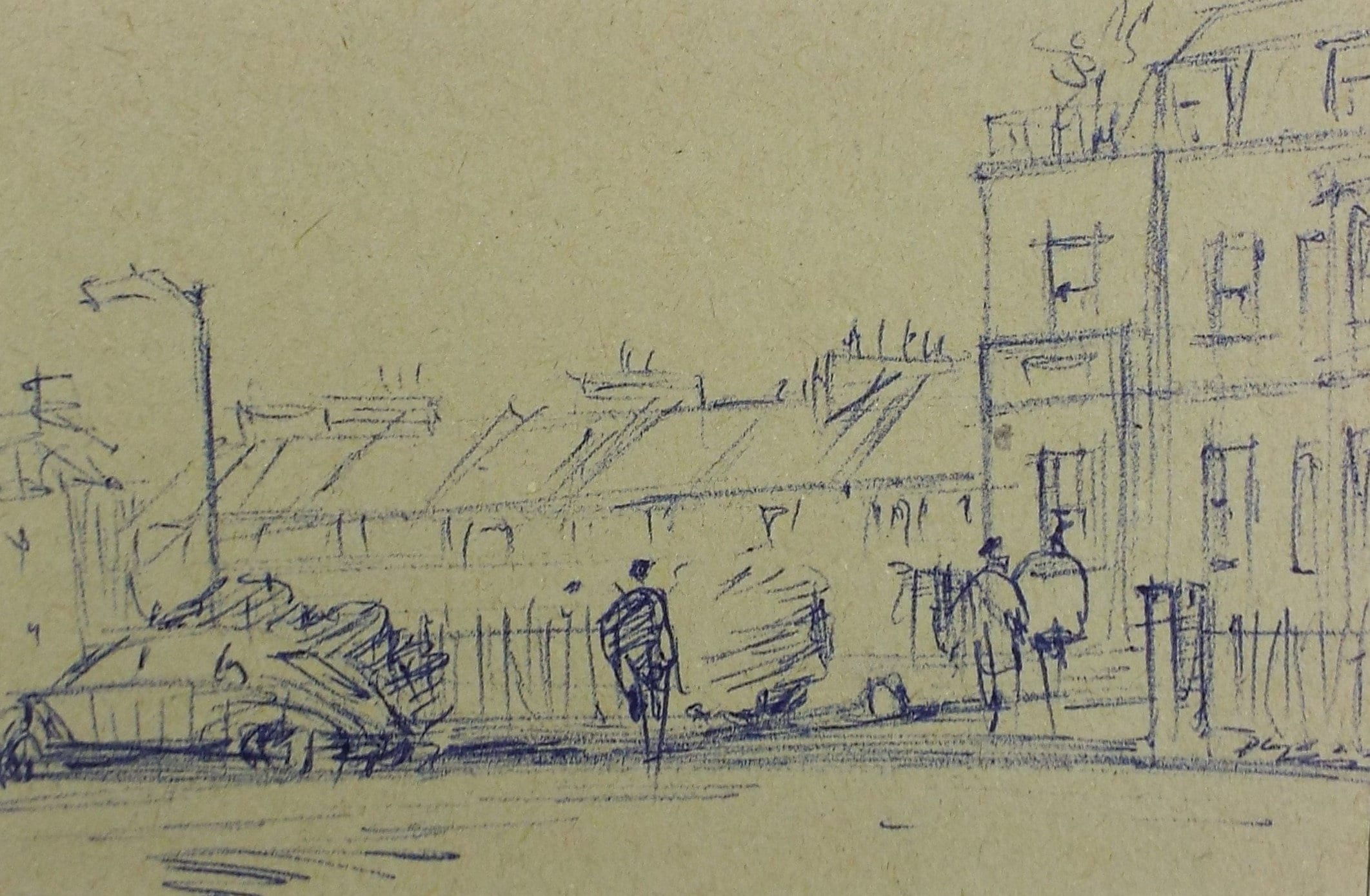 Original ink drawing, 'Street Scene', Hugh McKenzie (1909-2005), Mid 20th Century