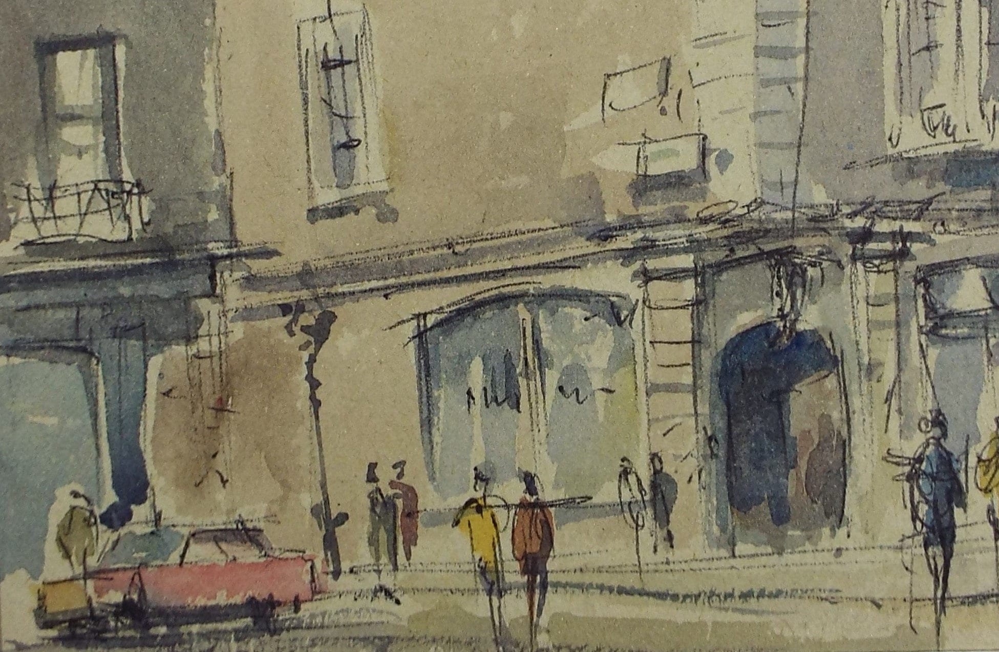 Original Watercolour & ink drawing, 'Street Scene with figures', Hugh McKenzie (1909-2005), Mid 20th Century