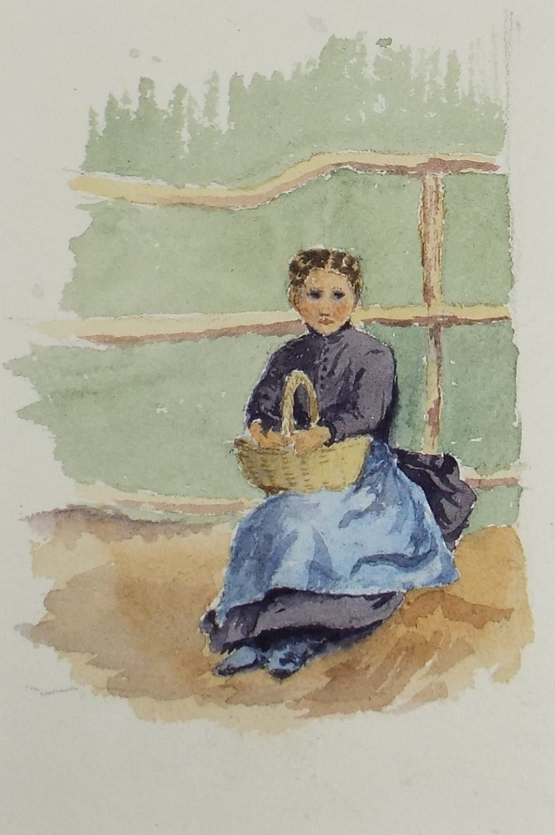 Original Watercolour Drawing,'Woman with a Basket', Circa 1890, artist Unknown