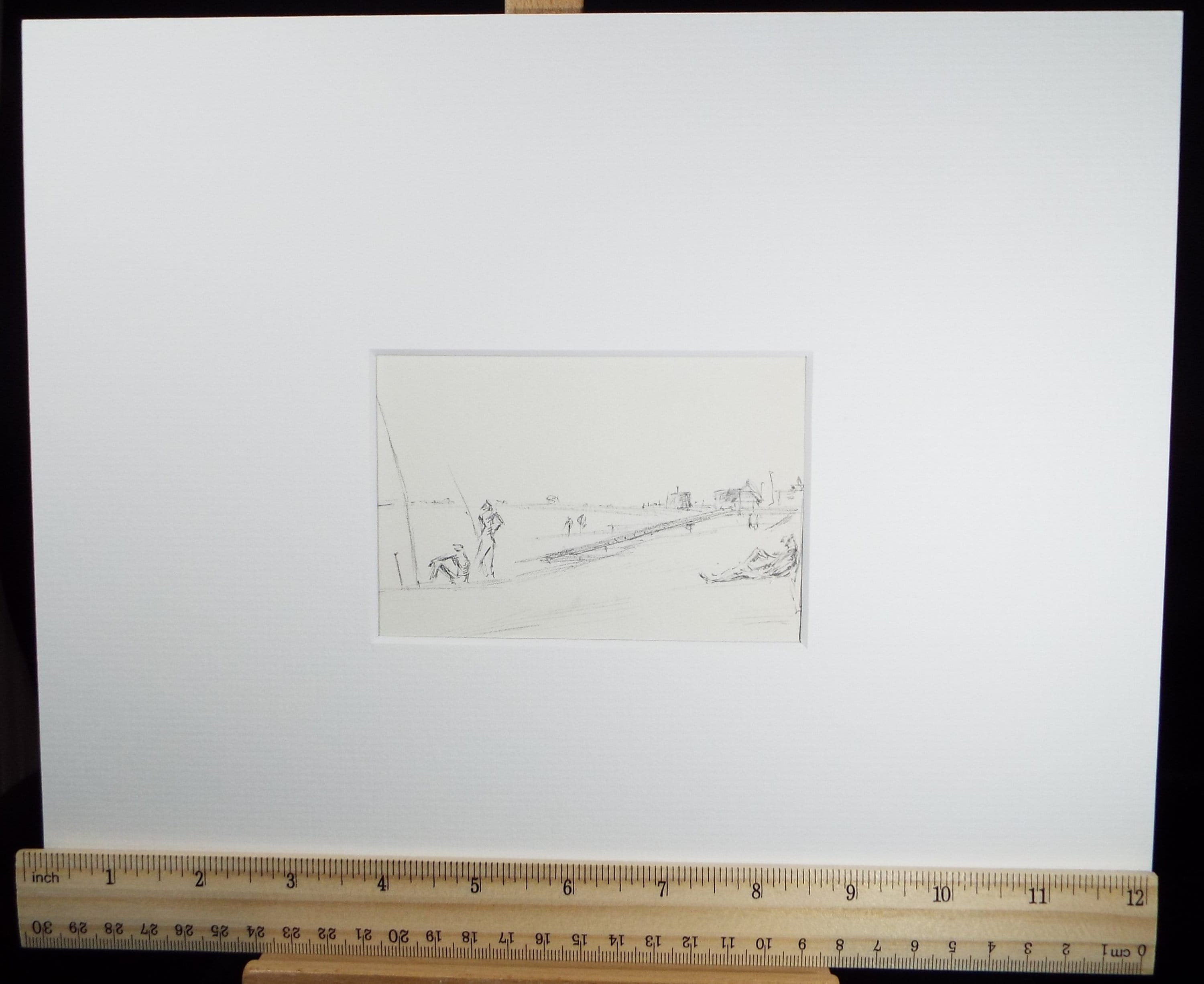 Original Pencil drawing, 'Fishing from the Beach', Hugh McKenzie (1909-2005), Mid 20th Century